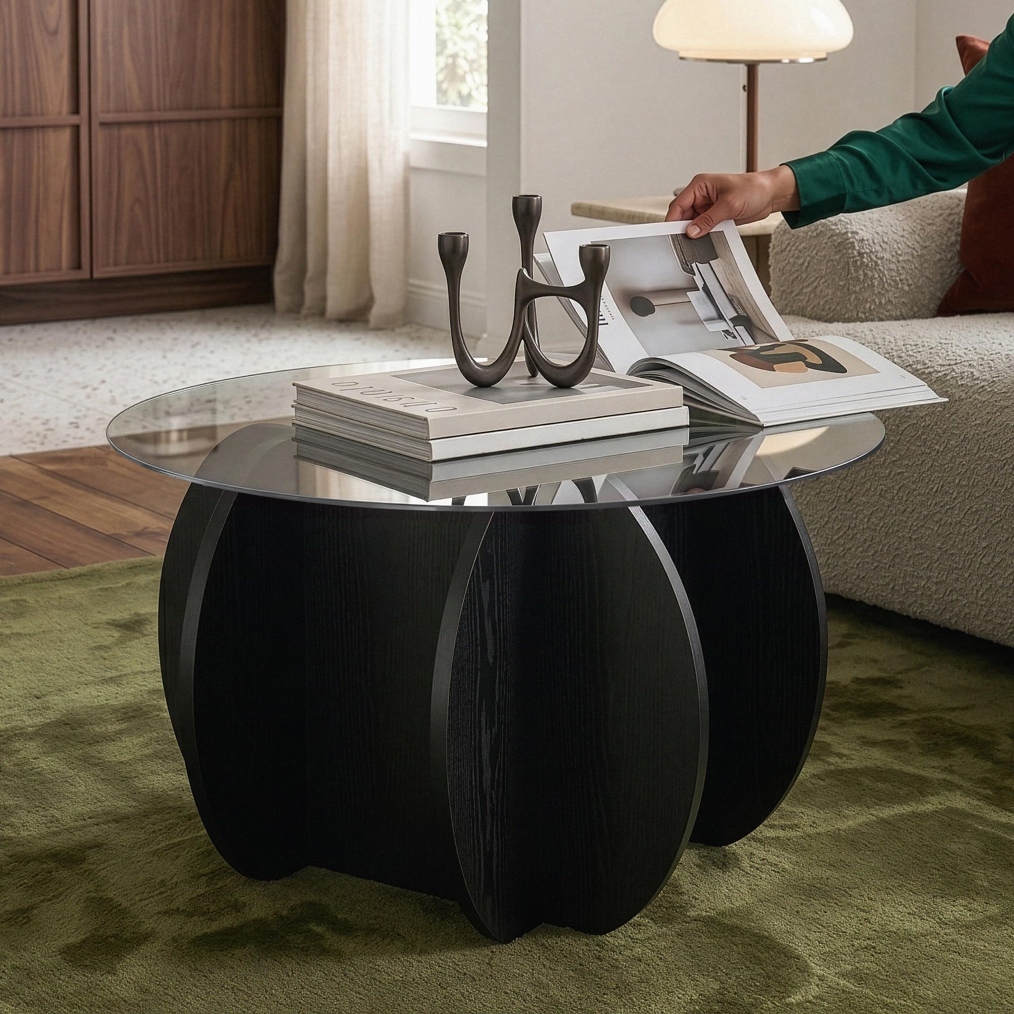 [en.casa] Couchtisch Karhuvandi Beistelltisch Couch Glasplatte rund Ø70 x 40 cm Wohnzimmertisch Sofatisch Gestell mit Holzstruktur Kaffeetisch Rauchglas Schwarz/Grau