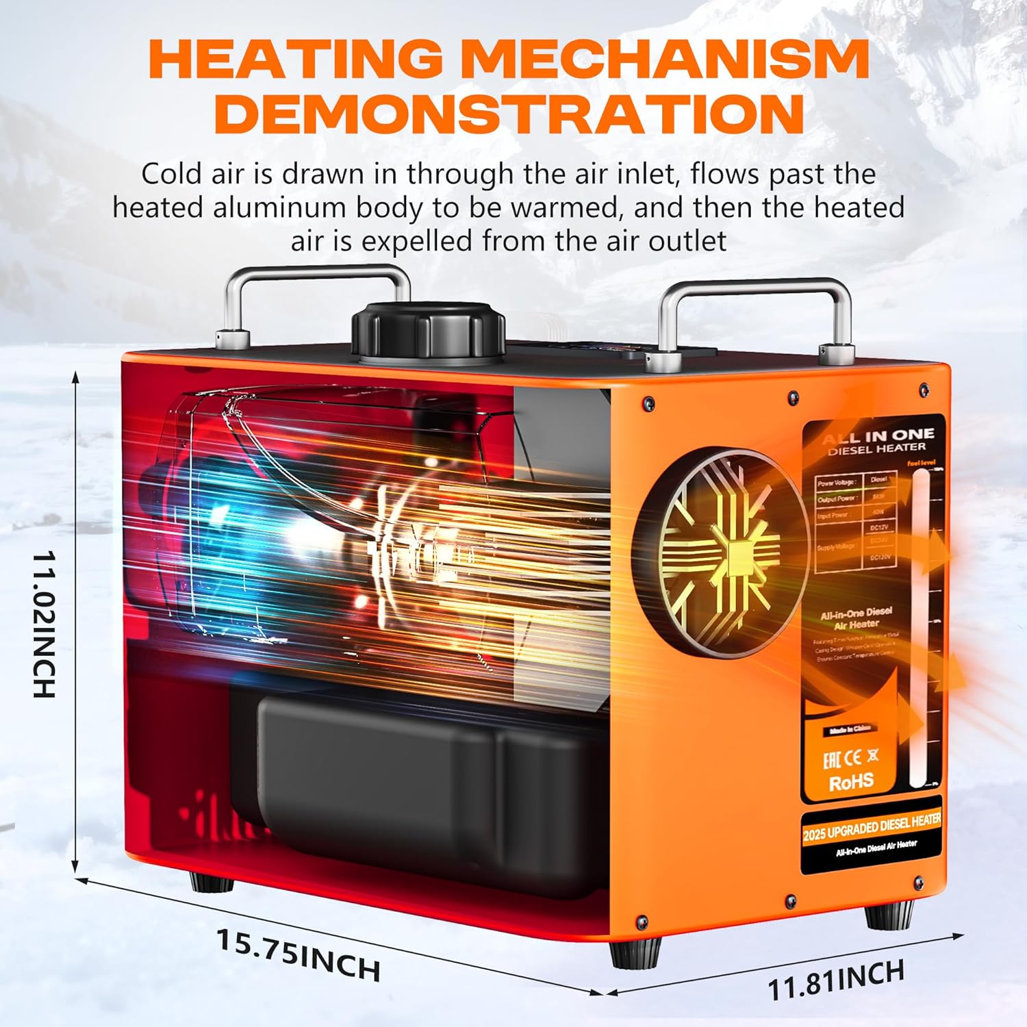 BSMTEK Diesel Heater with dimensions