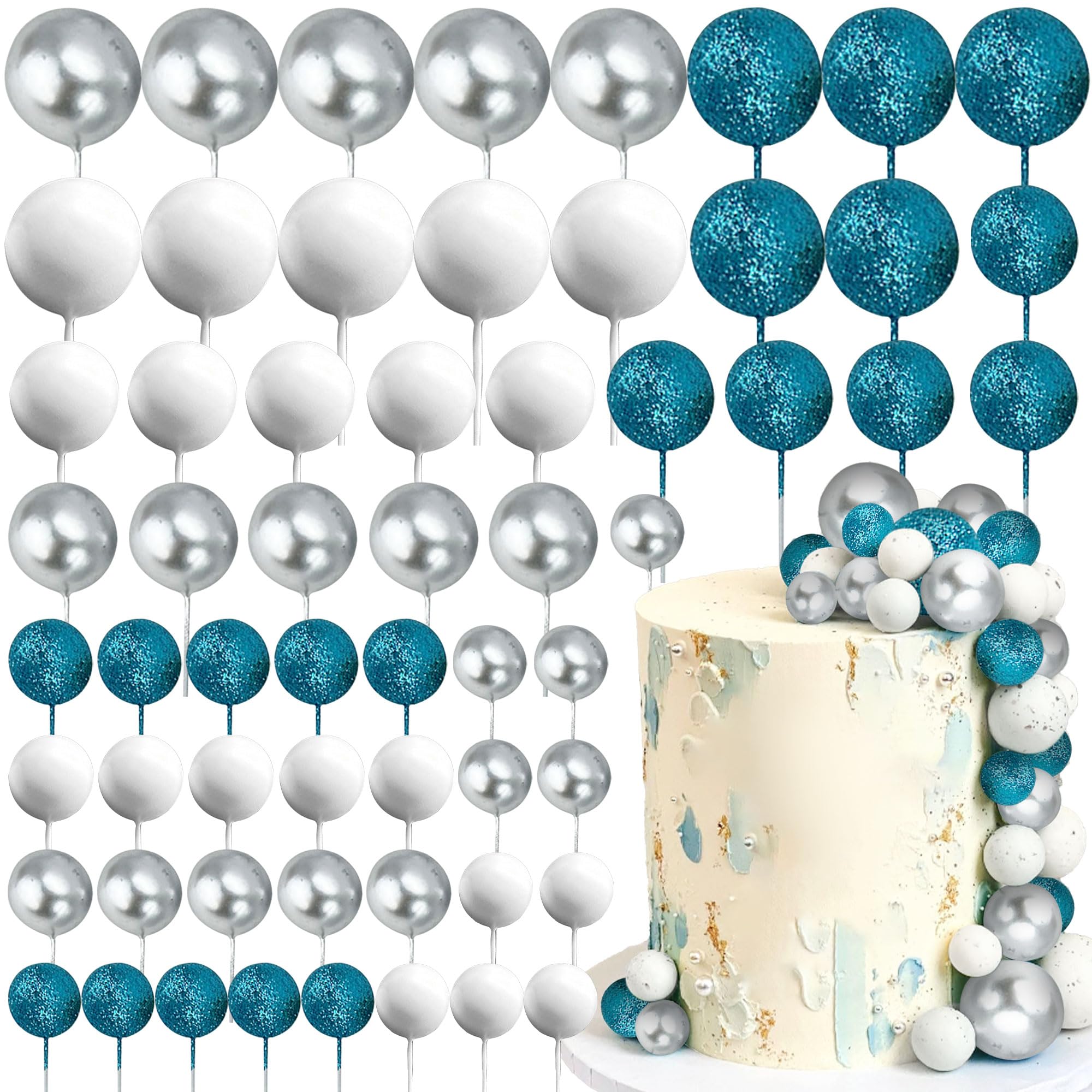 60pcs Blue Cake Decorations Blue Silver Ball Cake Topper DIY Cupcake Decorations for Wedding Decorations and Baby Shower Cake Birthday