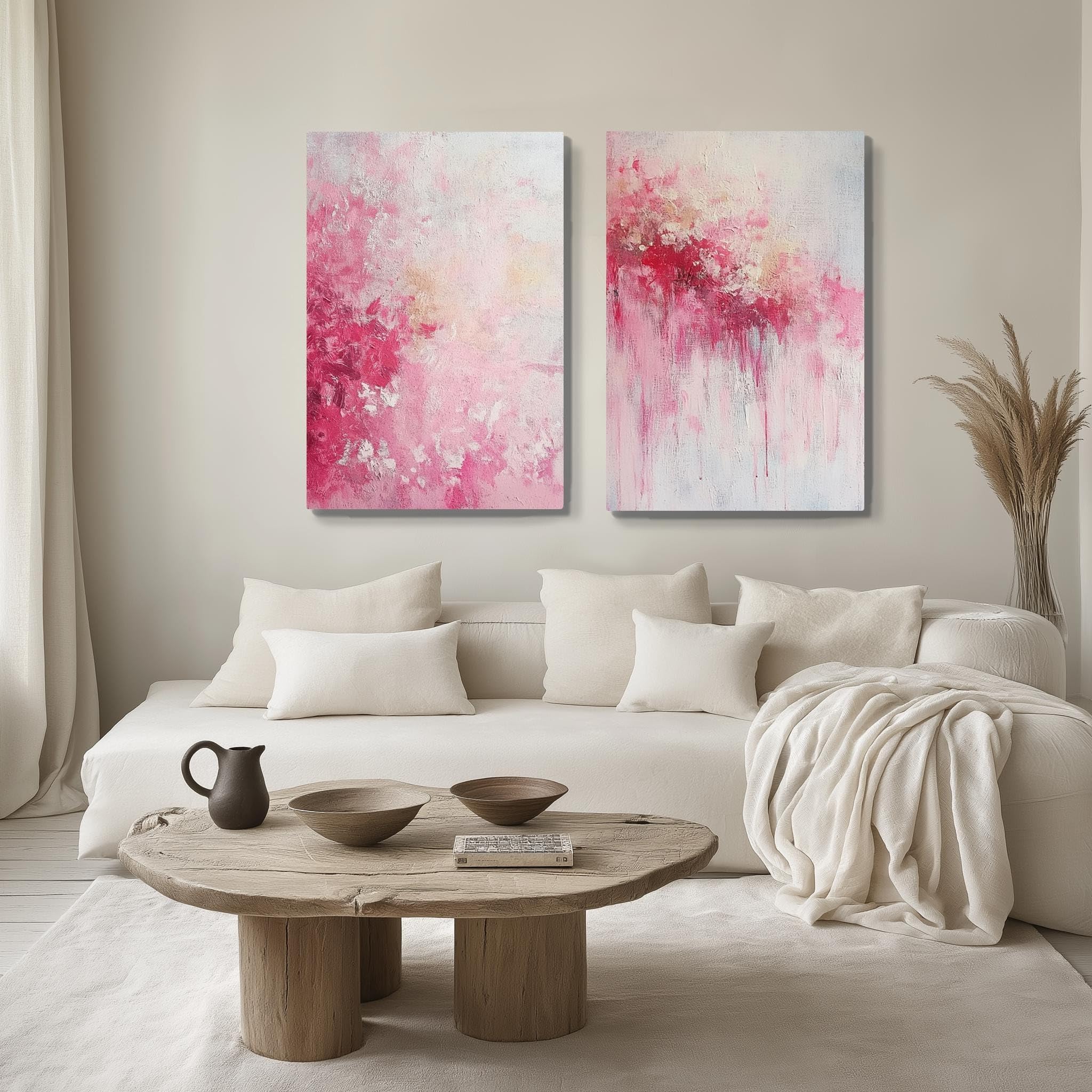 lianyibo 2-częściowy abstrakcyjny różowy obraz olejny wydruki na płótnie, nowoczesna minimalistyczna neutralna tonalna kwiatowa dekoracja salonu (60 x 90 cm x 2/rama wewnętrzna)