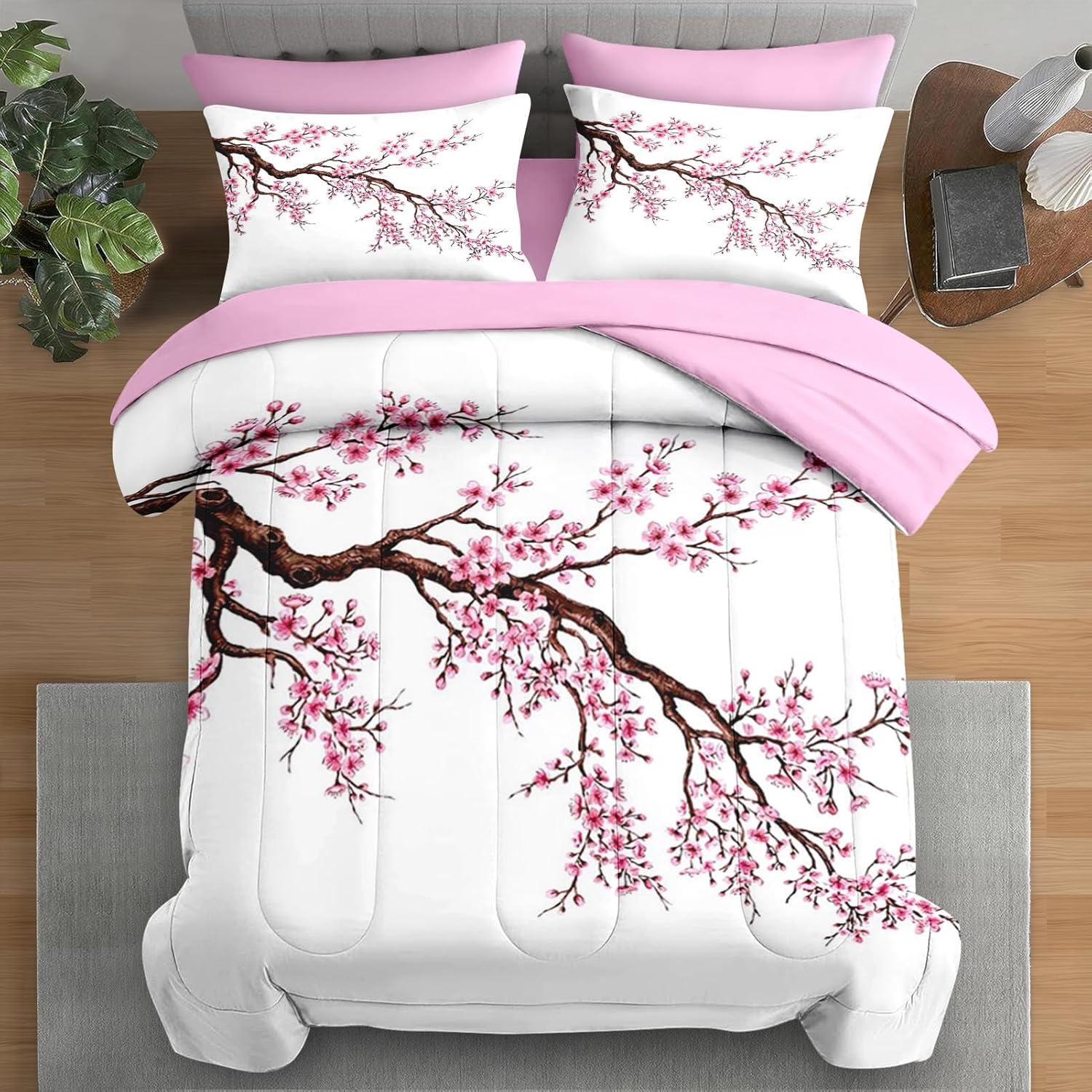Pamnest Comforter Set Queen Size, Japanese Cherry Blossom 7 Pcs Bedding for Kids and Adults, Flower Painting Pink Bed Sheet Sets with Fitted Sheet 2 Pillowcase & 2 Sham for Bedroom Bed Decor