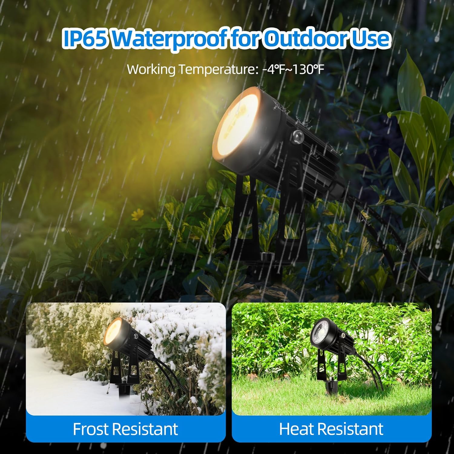 Landscape light in rain, snow, and green grass, demonstrating IP65 waterproof, frost, and heat resistance