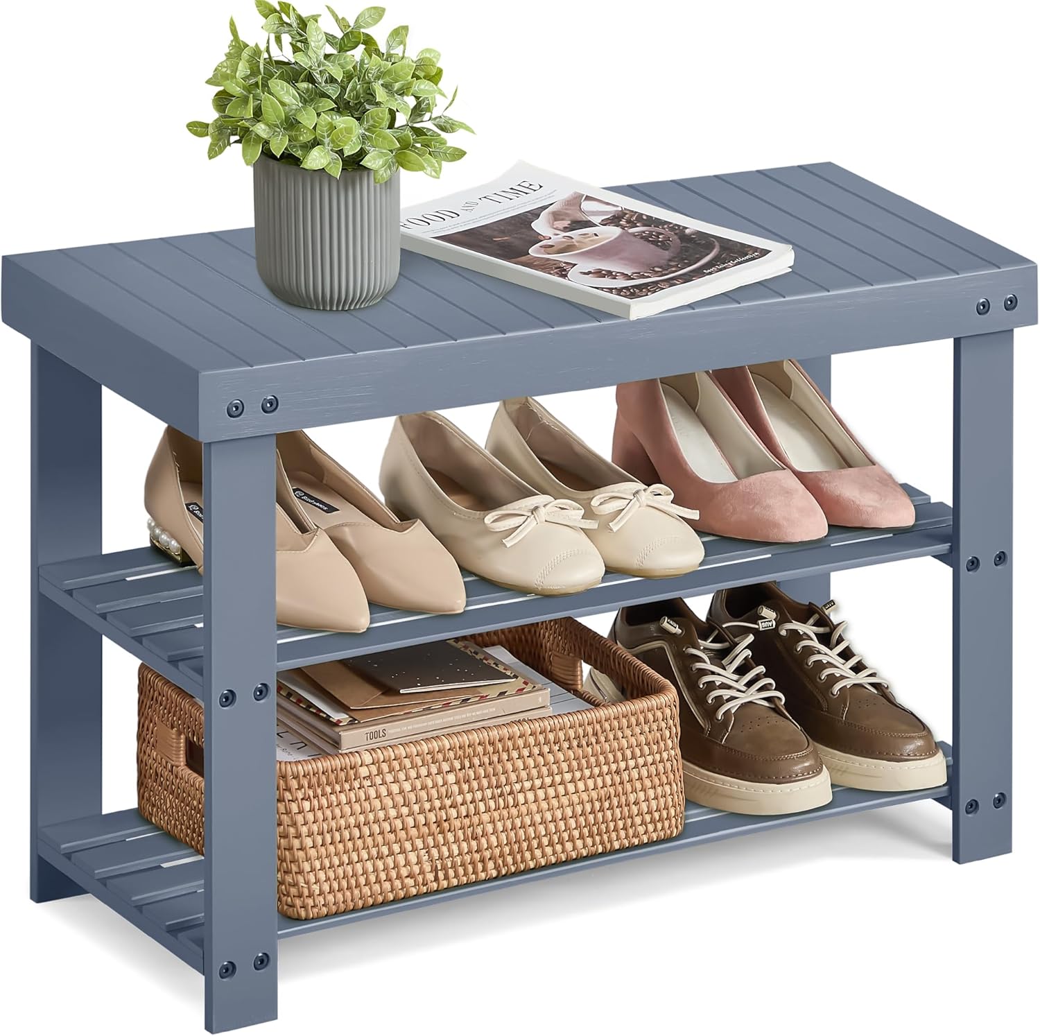 SONGMICS Shoe Rack Bench, 3-Tier Bamboo Shoe Storage Organizer, Entryway Bench, Holds Up to 286 lb, 11.3 x 27.6 x 17.8 Inches, for Entryway Bathroom Bedroom, Grey ULBS04GY 27.6"W Grey