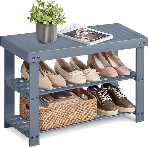 Miniatura 18 de SONGMICS - Banco zapatero, organizador de zapatos de bambú de 3 niveles, banco de entrada, soporta hasta 286 libras, 11.3 x 27.6 x 17.8 pulgadas,