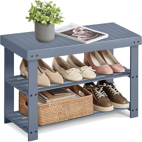 SONGMICS Shoe Rack Bench, 3-Tier Bamboo Shoe Storage Organizer, Entryway Bench, Holds Up to 286 lb, 11.3 x 27.6 x 17.8 Inches, for Entryway Bathroom Bedroom, Grey ULBS04GY