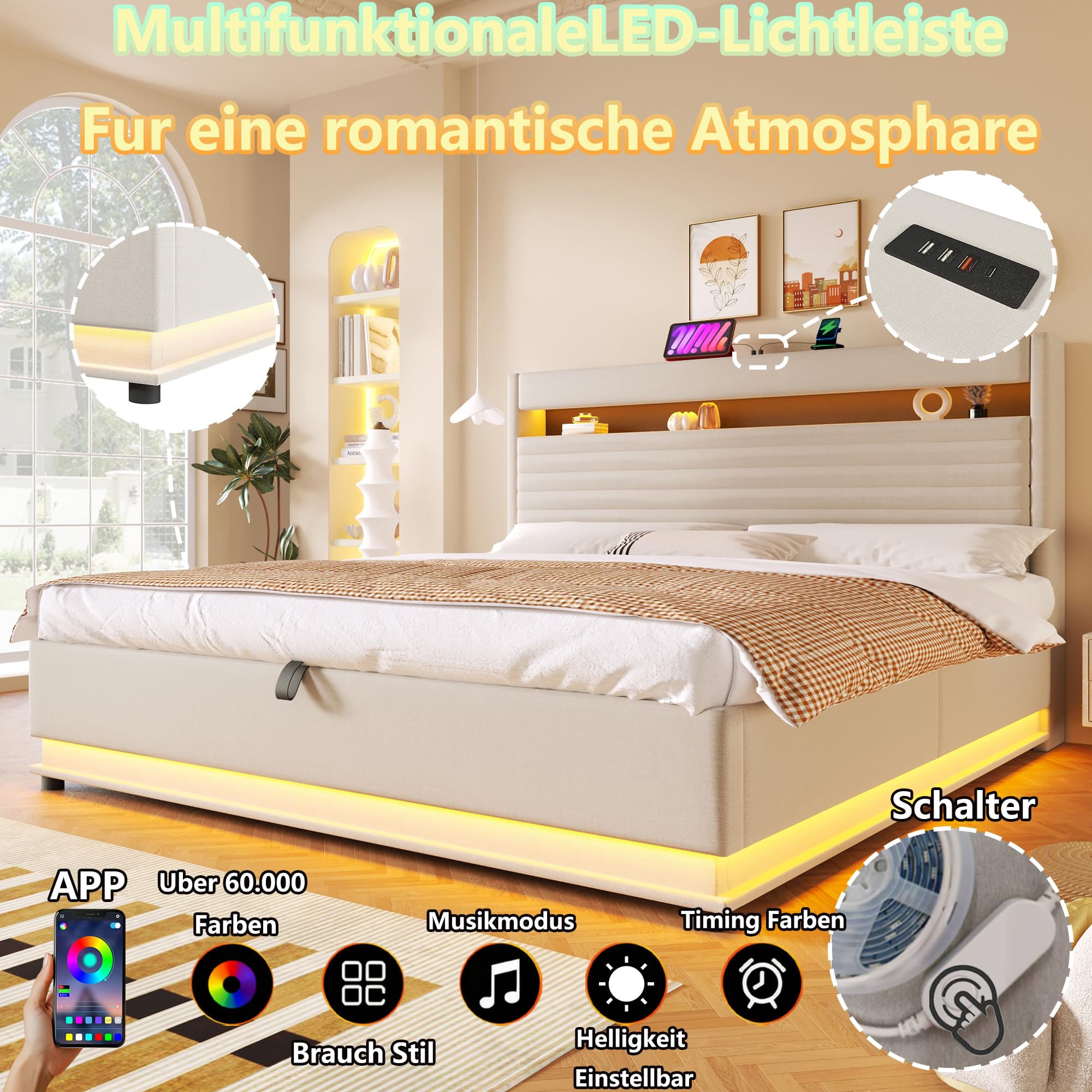 Cama 180x200 cm Camas Matrimoniales con Carga USB y LED, Cama Tapizada Matrimonio con Cabecero de Almacenamiento y Almacenaje Hidráulico, Camas Doble, Lamas Madera, Lino, Sin Colchón, Beige