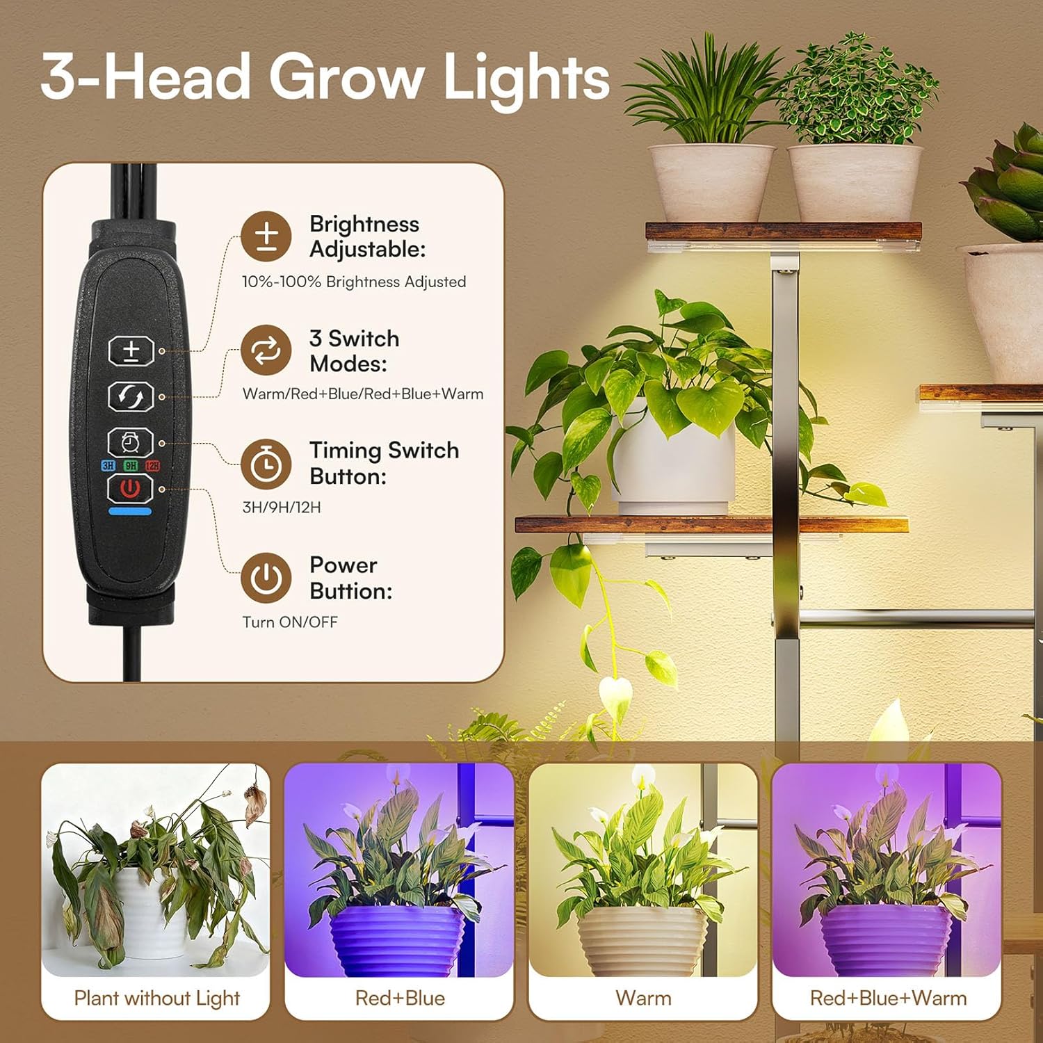 9-Tier Plant Stand Indoor with Grow Light 3 Color Modes - 59" Tall Plant Shelf with Storage Drawer, 10 Brightness Levels, Timer, Wide Base, Lighted Corner Plant Stands for Living Room, Balcony (1)