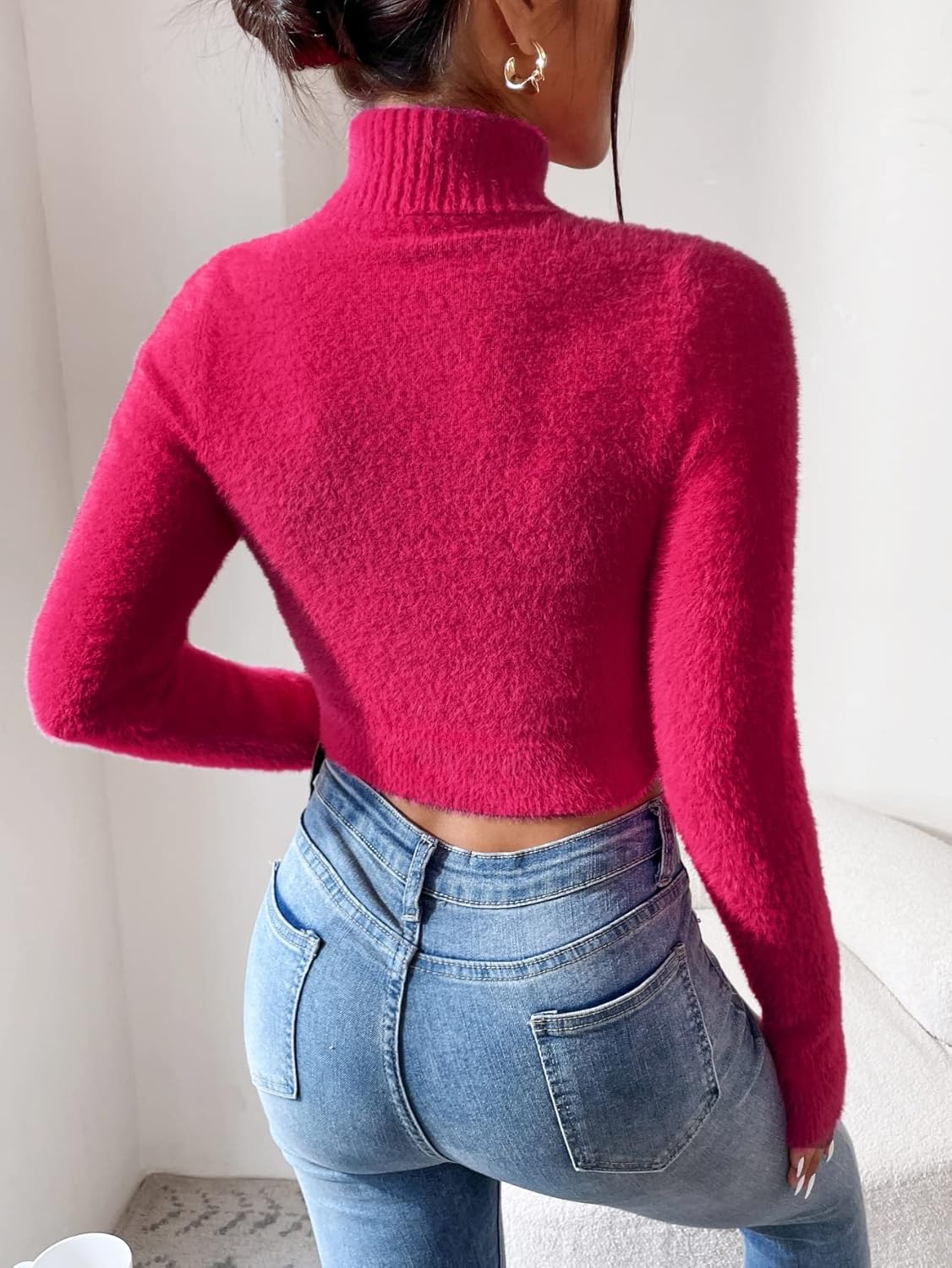 Women's Sweater Turtleneck Crop Fuzzy Sweater Sweater for Women (Color : Hot Pink, Size : Medium)