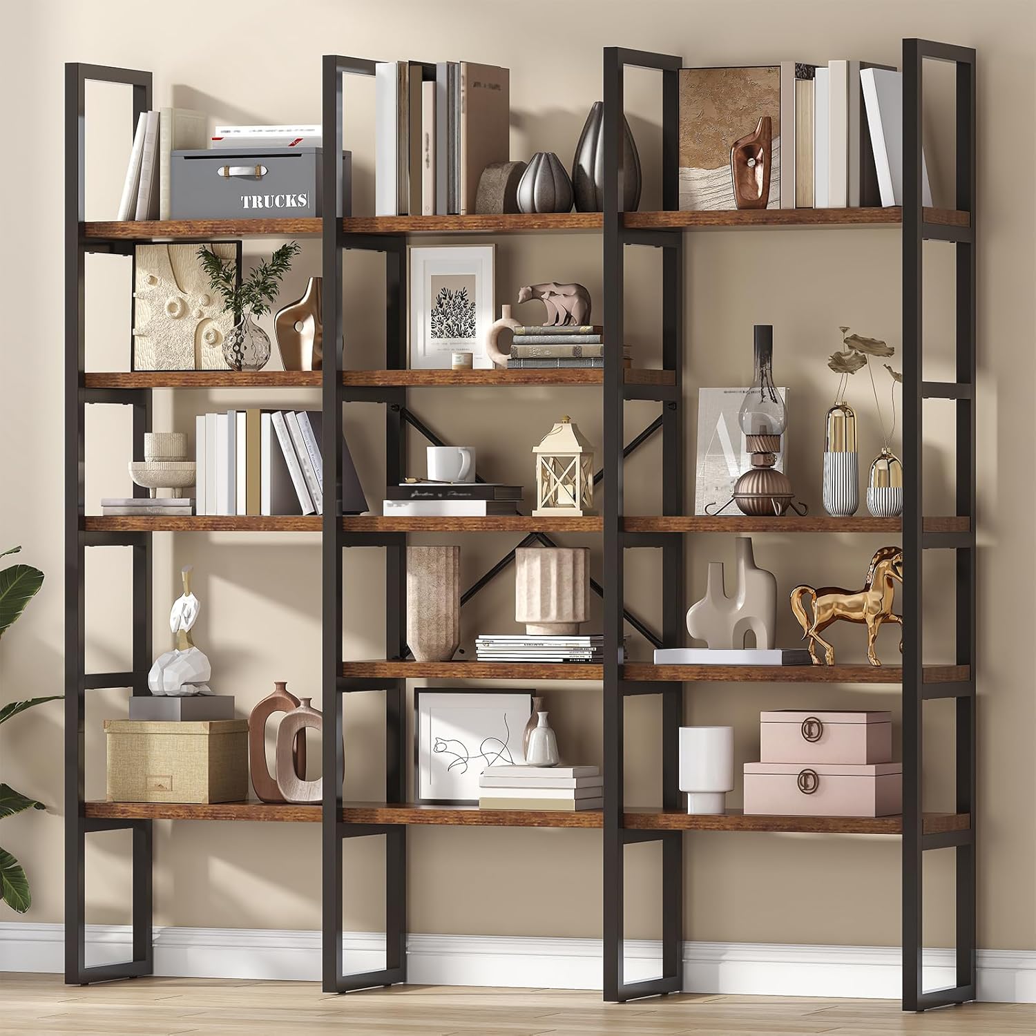 Jehiatek Large Bookshelf 5 Tiers, Triple Wide Geometric Bookcase, 71 Inches Tall Industrial Book Shelves Etagere Book Case, Sturdy Metal Frame, Freestanding Display Shelving Unit, Rustic Brown