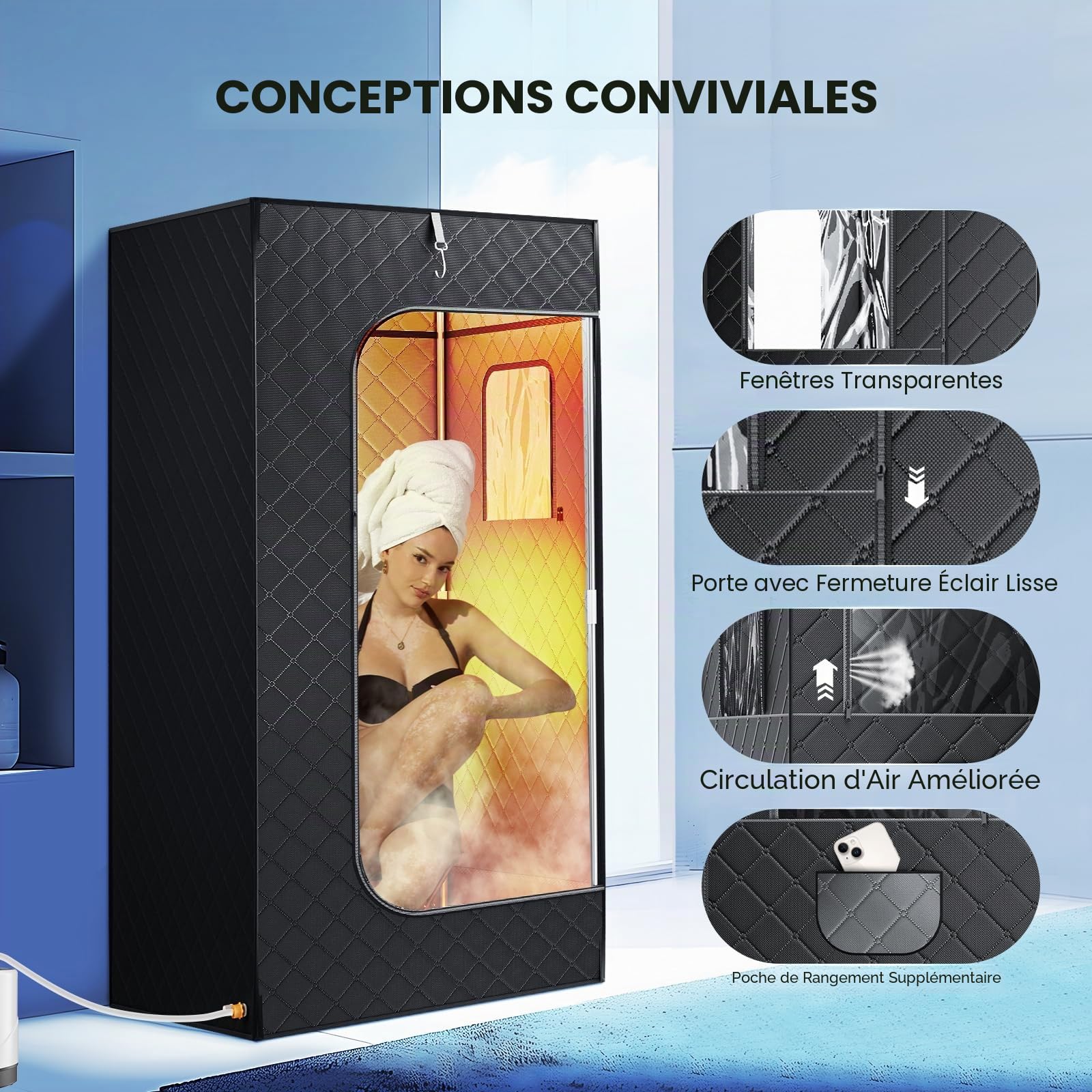 Sauna Tent,Sauna Exterieur,Sauna pour la Maison,3 min de Chauffage Rapide et 9 Niveaux de Chaleur,Vapozone Portable avec 2.6L Steamer, Chaise Pliante, Télécommande 180×80×80 CM