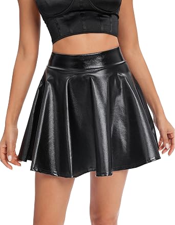 Urban CoCo Women's Shiny Flared Pleated Mini Skater Skirt
