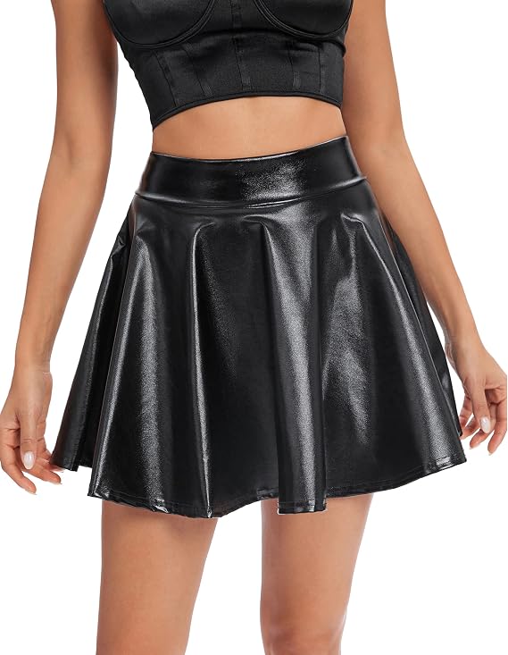 Urban CoCo Women's Shiny Flared Pleated Mini Skater Skirt