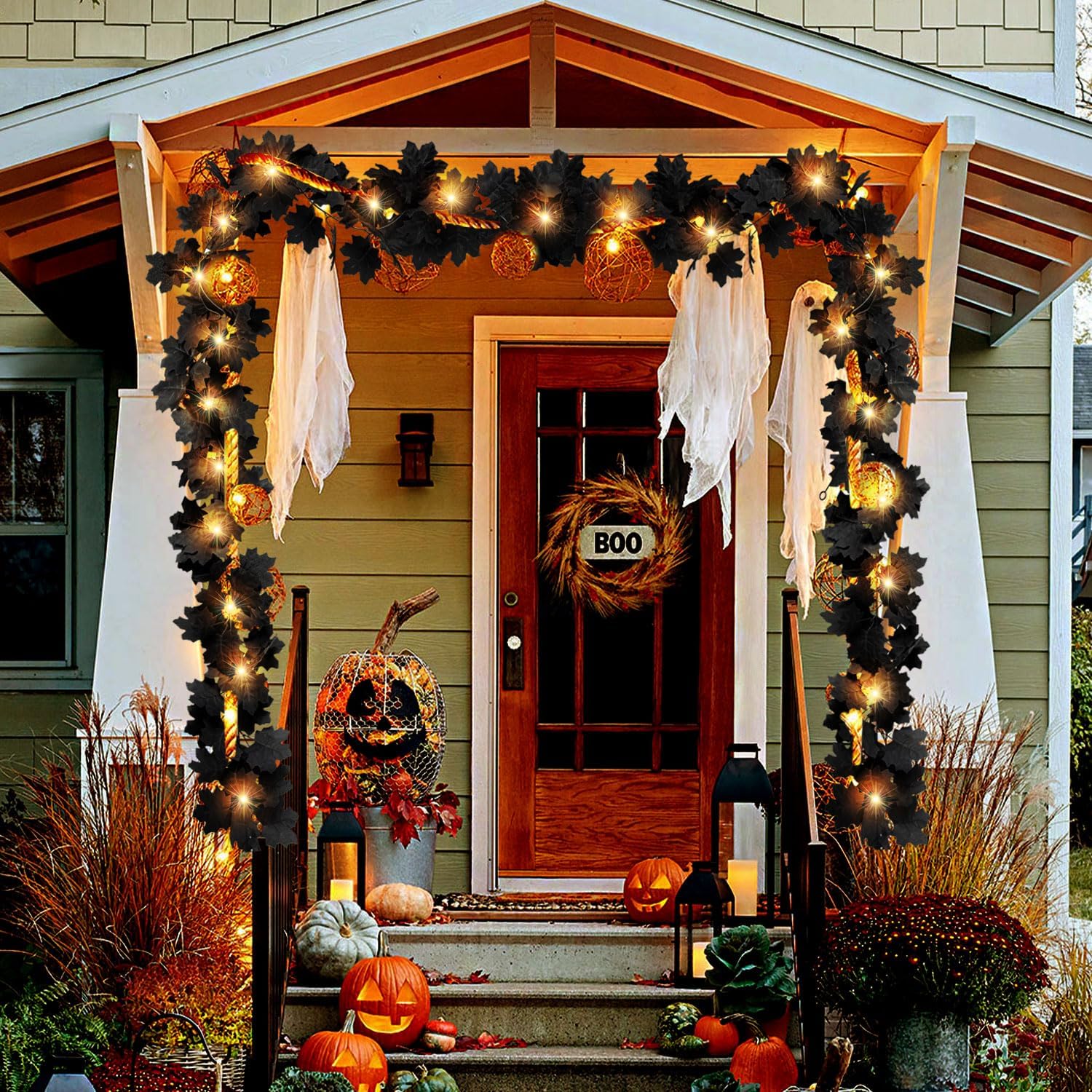 Black Leaf Garland with Yellow Lights, 2 Pack Halloween Artificial Hanging Fall Leave Vines with 20 LED, Fall Floral Garlands Thanksgiving Decor for Home Wedding Party (11.8FT)