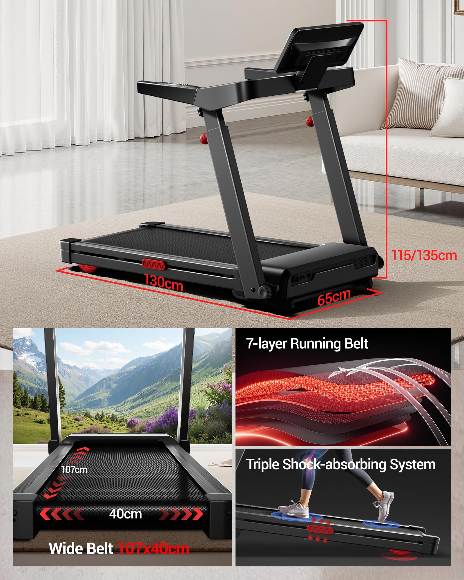 LONTEK Tapis Roulant Pliable 14KM/H Inclinaison Automatique 20% Moteur 3,5CV Charge Max 180KG