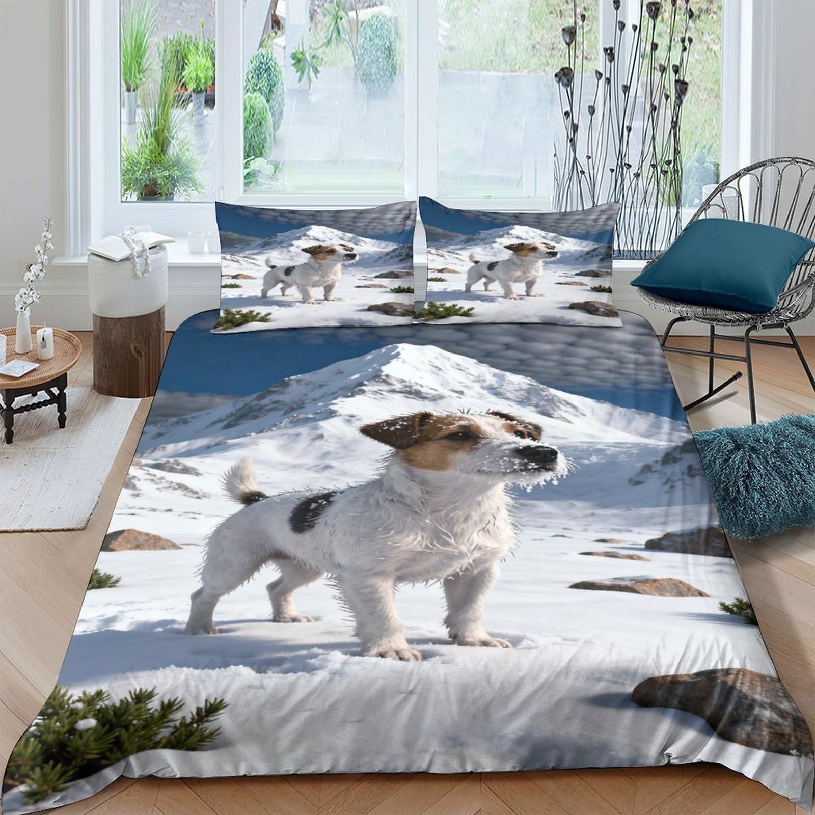 WXLWHR Jack Russell Terrier Duvet Cover Set 3D Snowy Mountain Pattern Bedding Set Soft Microfiber Comforter Cover with Zipper & Pillow Cases For Boys/Girls Kids King（220x240cm）