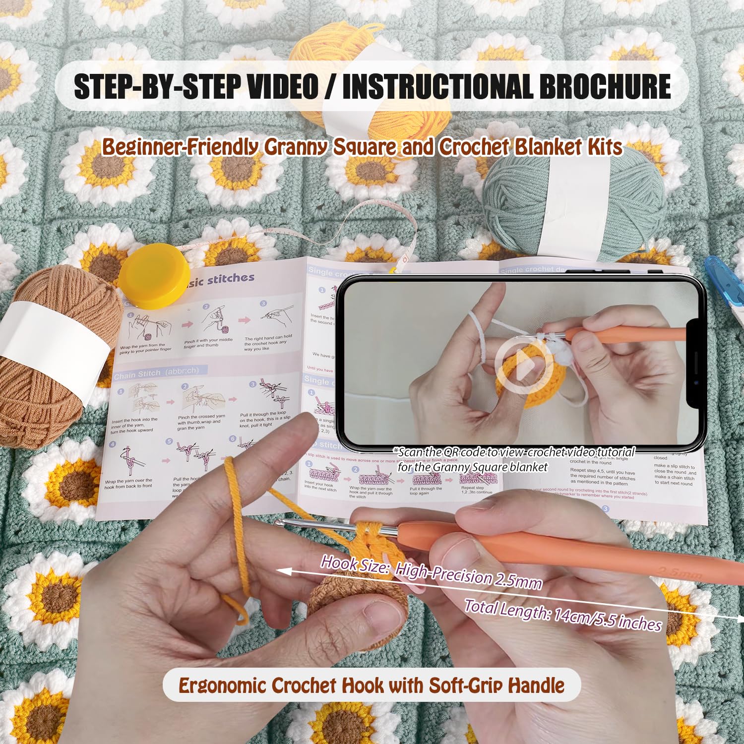 YEEAJERCC Crochet Kit for Beginners Blankets- Granny Square,DIY Starter Kit with Easy Yarn, Blocking Board,Patterns & Video Tutorial, Easy Knitting Kit for Beginner Craft Gift for Adults and Teens