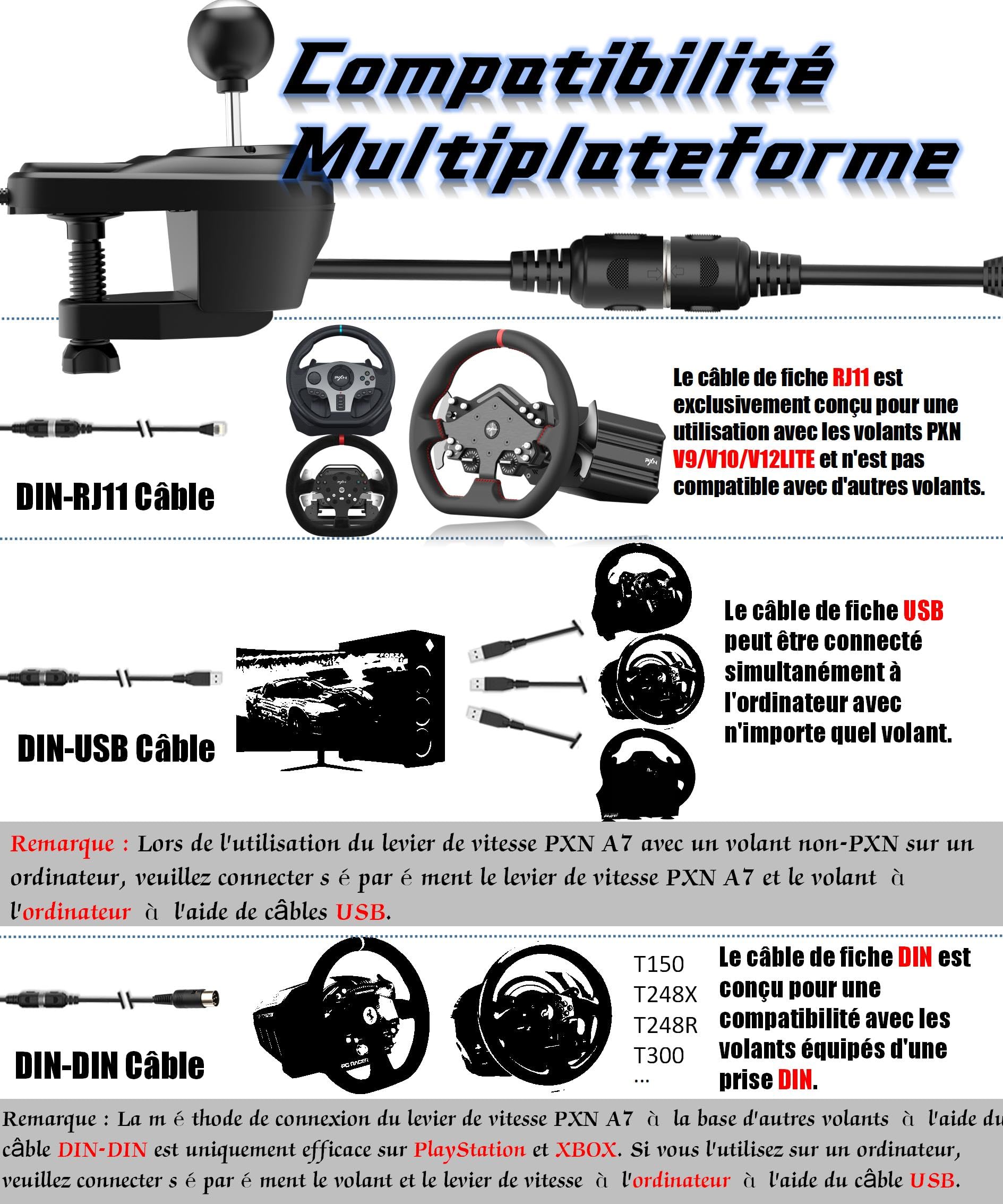 PXN A7 Levier de Vitesse, Gear Shifter pour Volant avec 6 Vitesses, 3 Câbles (USB, RJ11, DIN), Marche Arrière, Bouton de Vitesse Haut/Bas, Bouton de P, H Shifter, Universel sur PC | H-Shifter 6 vitesses, reverse par enfoncement, frein, boutons haut/bas, c