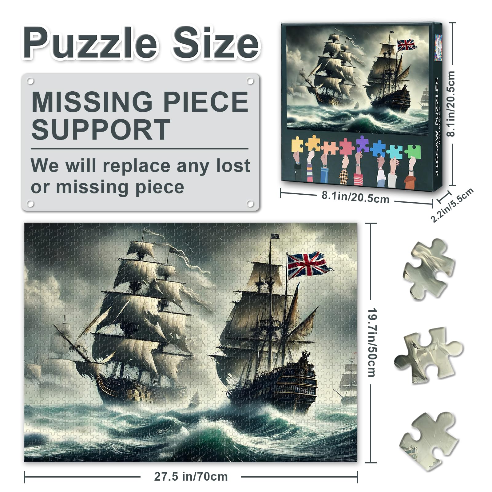 Pirate Ship Puzzles for Adults Pirate Ship with a British Flag 1000 Pieces Jigsaw for Adults Home Decor Challenging Puzzle Gifts for Puzzle Lovers Family Friends Game Night 27.5"X19.7" - Image 3