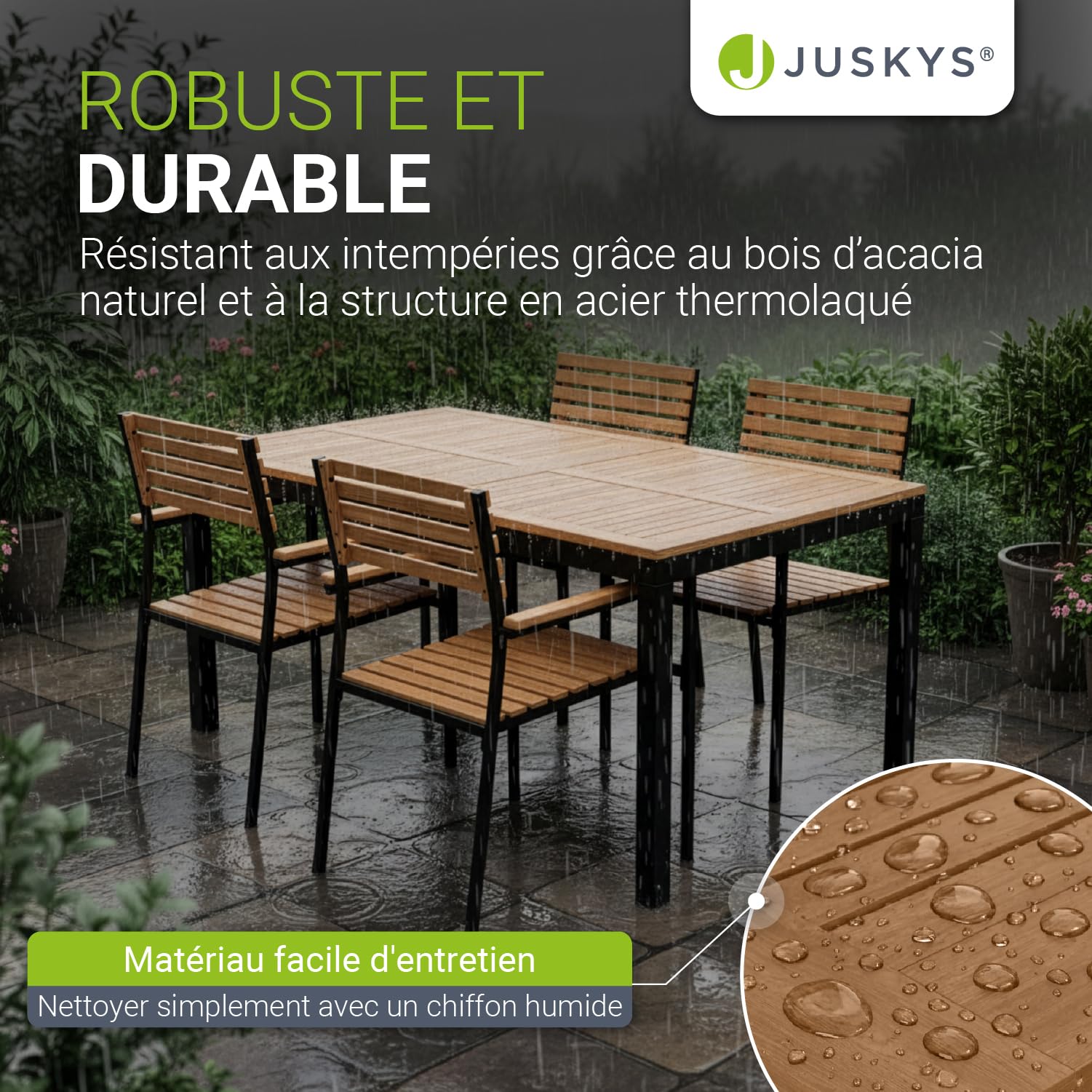 Juskys Salon de Jardin en Bois d'acacia Rhodos - Table, 4 chaises & Coussins - Mobilier de Jardin en Bois, 5 pièces - Meubles de Balcon - Mobilier d'extérieur Bois Naturel & Noir