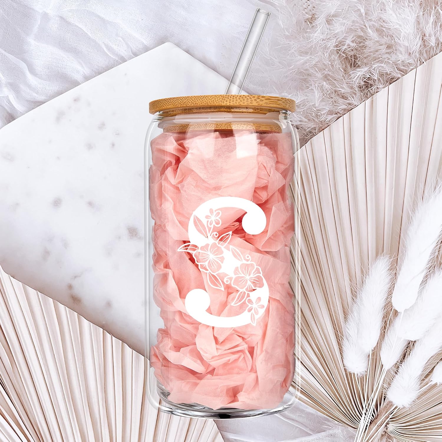 Personalized Tumbler, Monogrammed Can Glass Cups with Bamboo Lids and Straws, Customized Gifts for Women, Cute Design Initial Iced Coffee glasses, Custom Letter Mug, Birthday Bridesmaid, R - Image 4