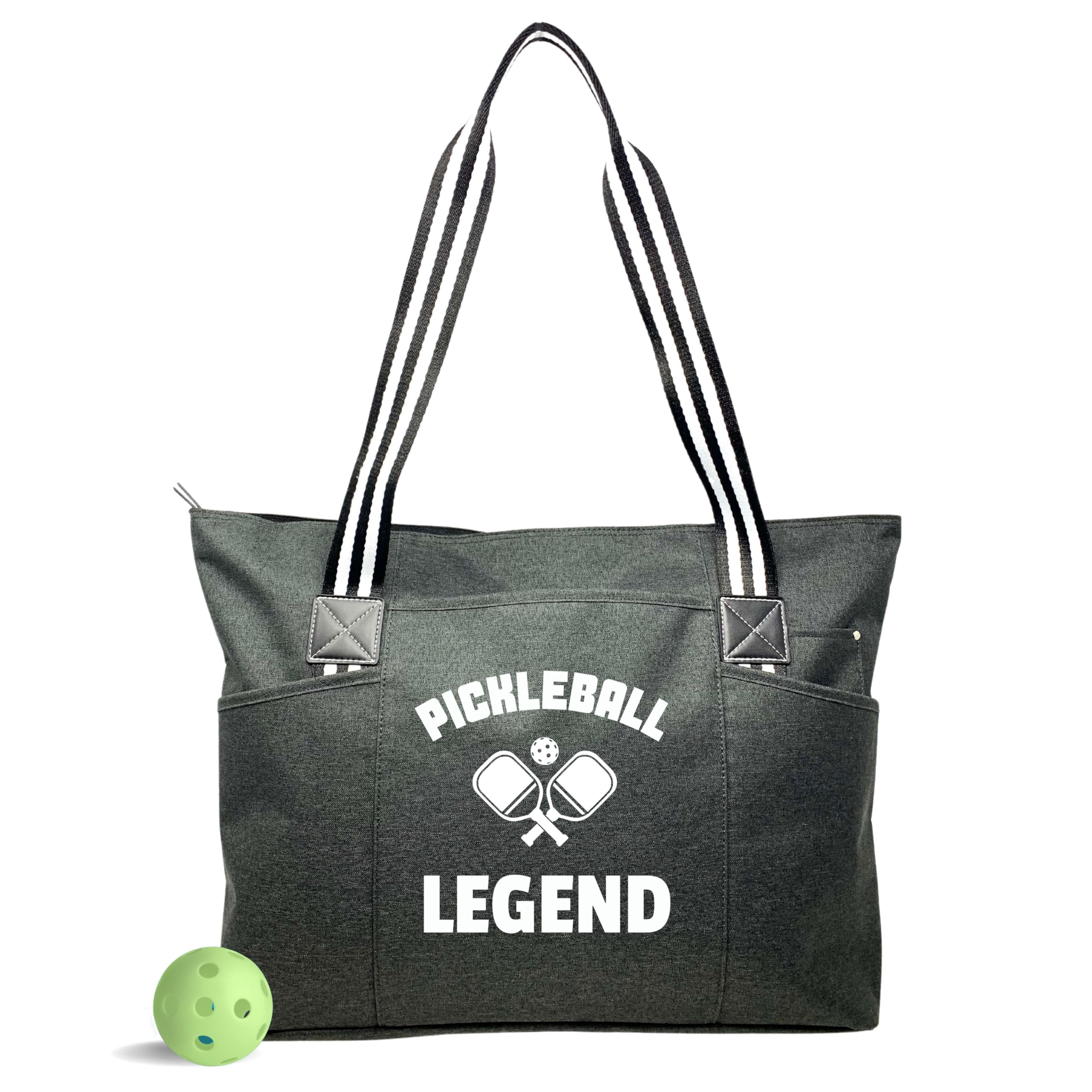 Sports Mom Large Zippered Tote Bag with Pockets for Women (Pickleball Legend Tessa Black)
