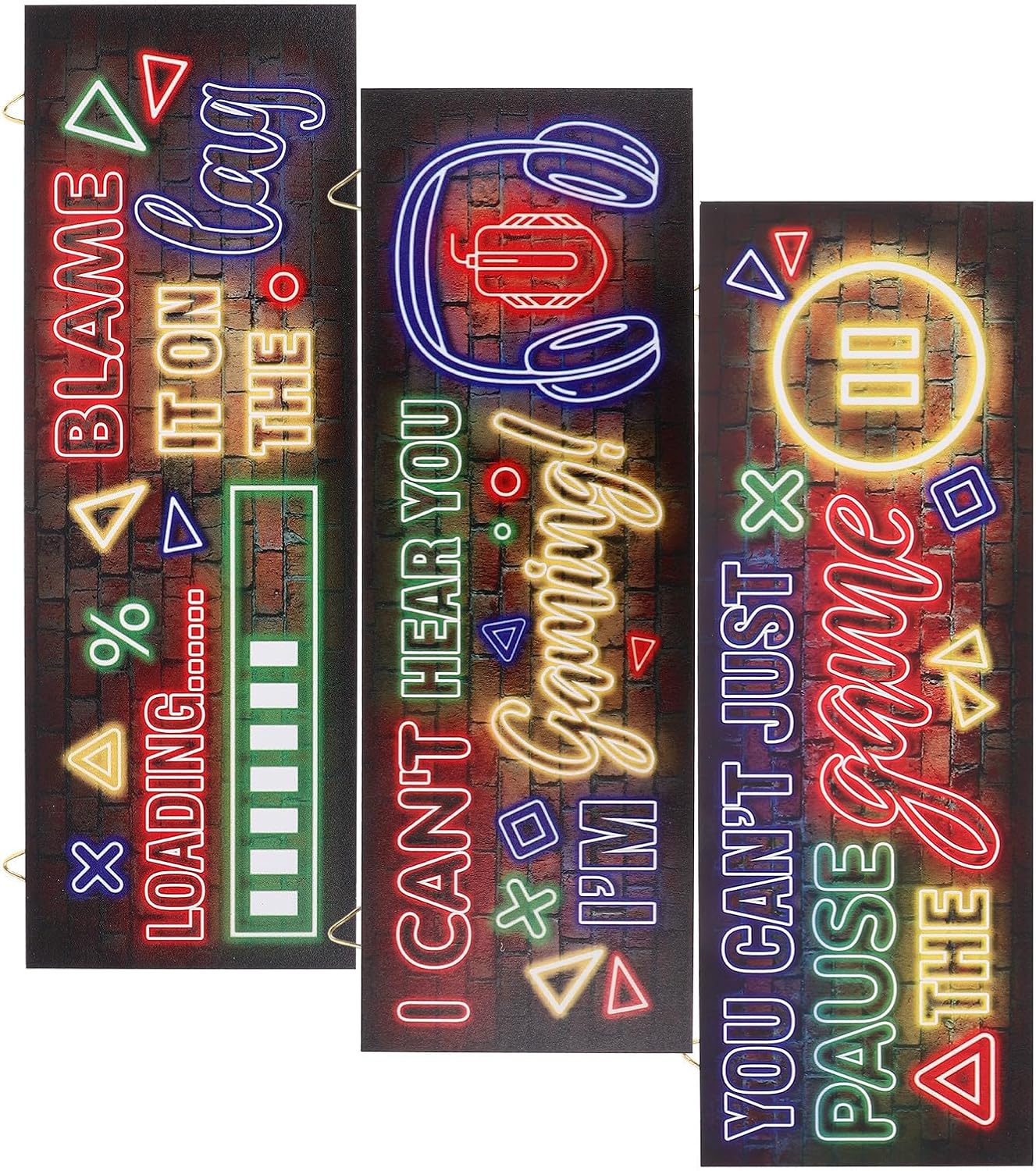 BETOOKY 3pcs Neon Wooden Gaming Door Signs Wall Art for Boys Gamer Room Decor, Unique Stylish Wooden Wall Plaques Gaming Accessories for Room