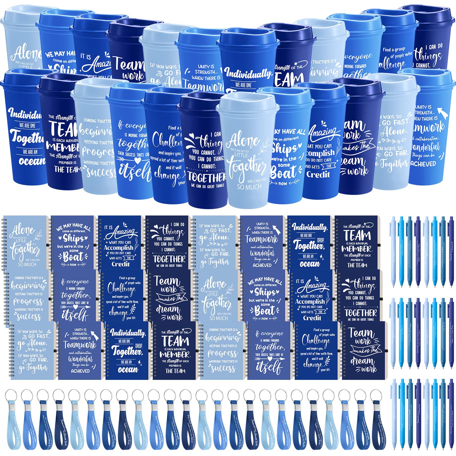 Skylety 24 Set/96 Pcs Team Appreciation Gift Set Inspirational Employee Appreciation Gift Bulk 16 oz Coffee Cups with Team Notebook Pen Keychains for Staff Teacher (Blue Color)