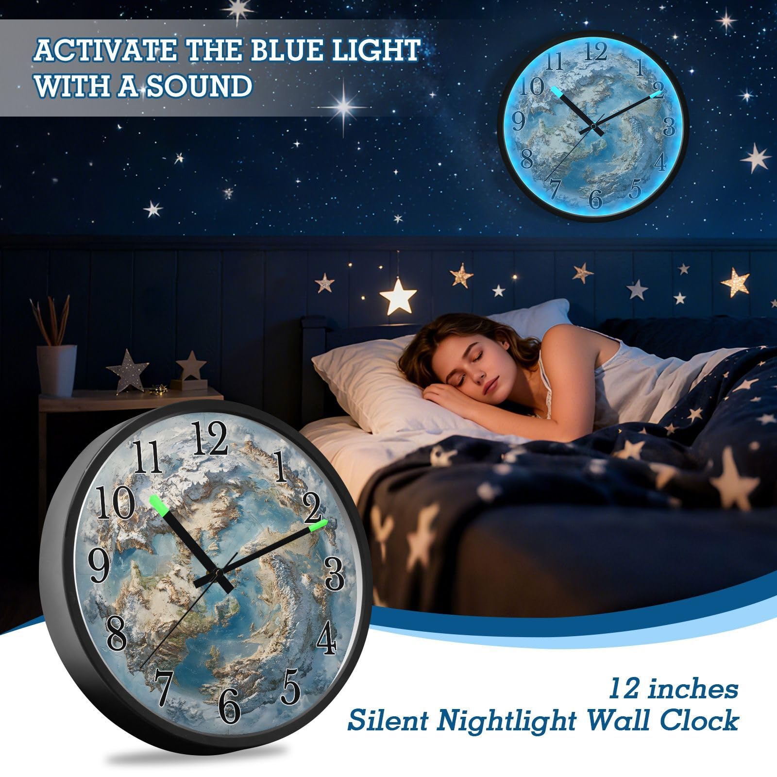 Mnsruu Reloj de pared azul con mapa del mundo, luminoso, funciona con pilas, silencioso, brilla en la oscuridad, para sala de estar, cocina, 30,5 cm