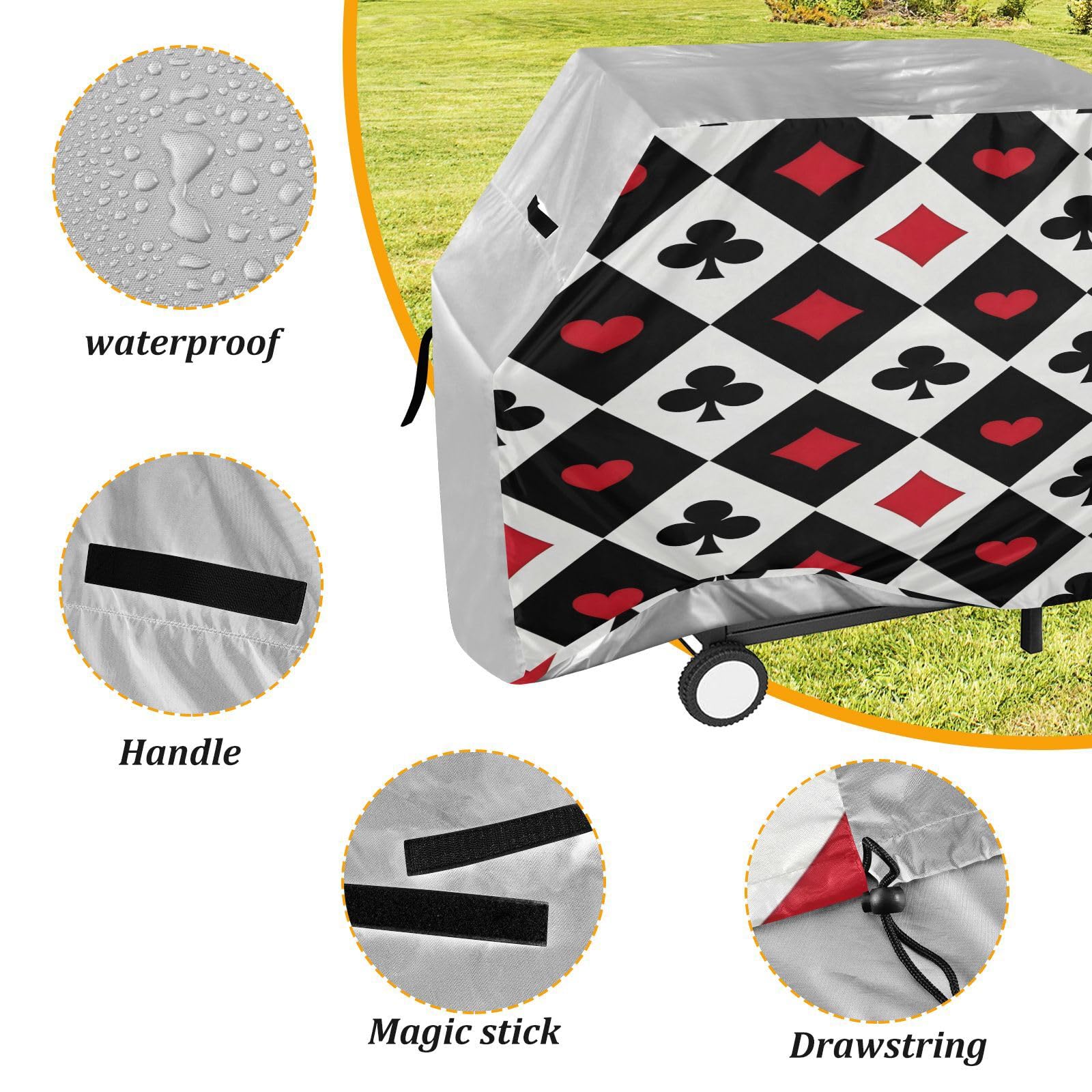 Duży pokrowiec na grill, 150 cm, wytrzymały, odporny na rozdarcie, odporny na blaknięcie, materiał do użytku na zewnątrz, duży pokrowiec na grilla, bawół, pled, poker, biały czarny