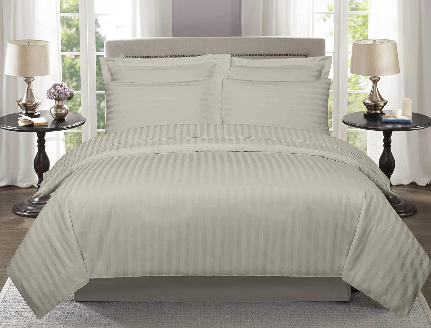 3 Piece 300 Thread Count Stripe Pattern 100% Cotton Soft and Breathable Duvet Cover Stone Queen 88x88 inches Two Pillow Cover 20x30 inches