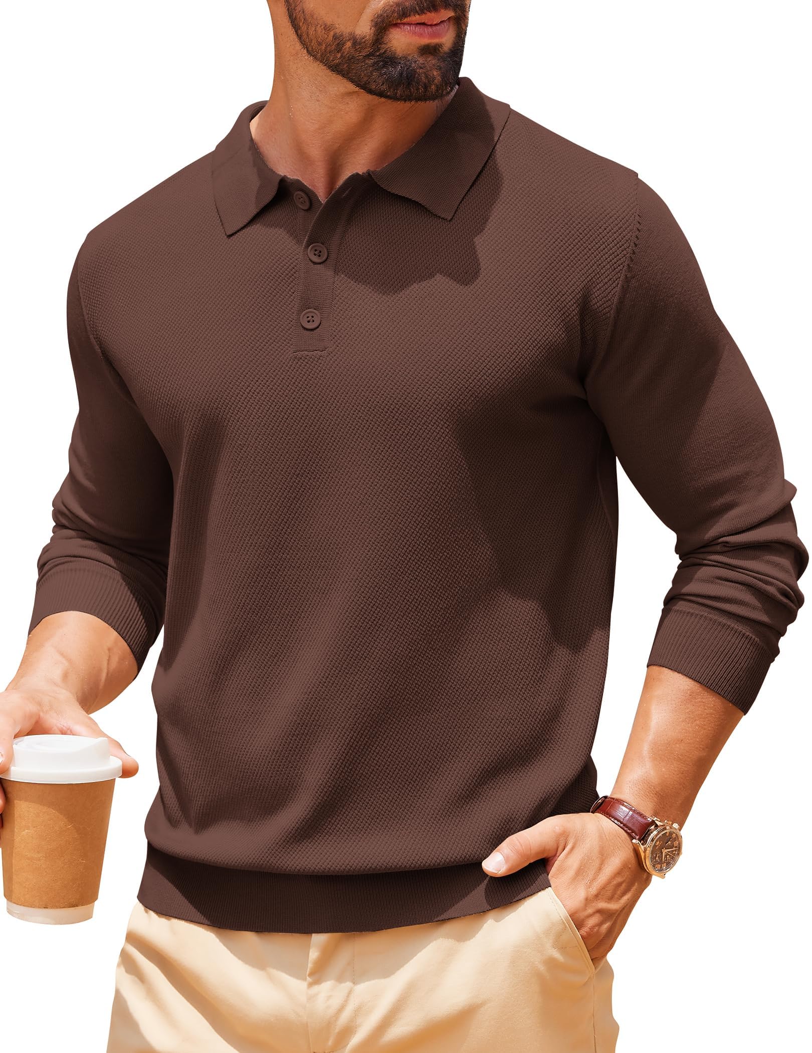 coofandy Men Long Sleeve Polo Sweater Knitted Polo Slim Fit Waffle Collared Pullover Sweater-picture-27