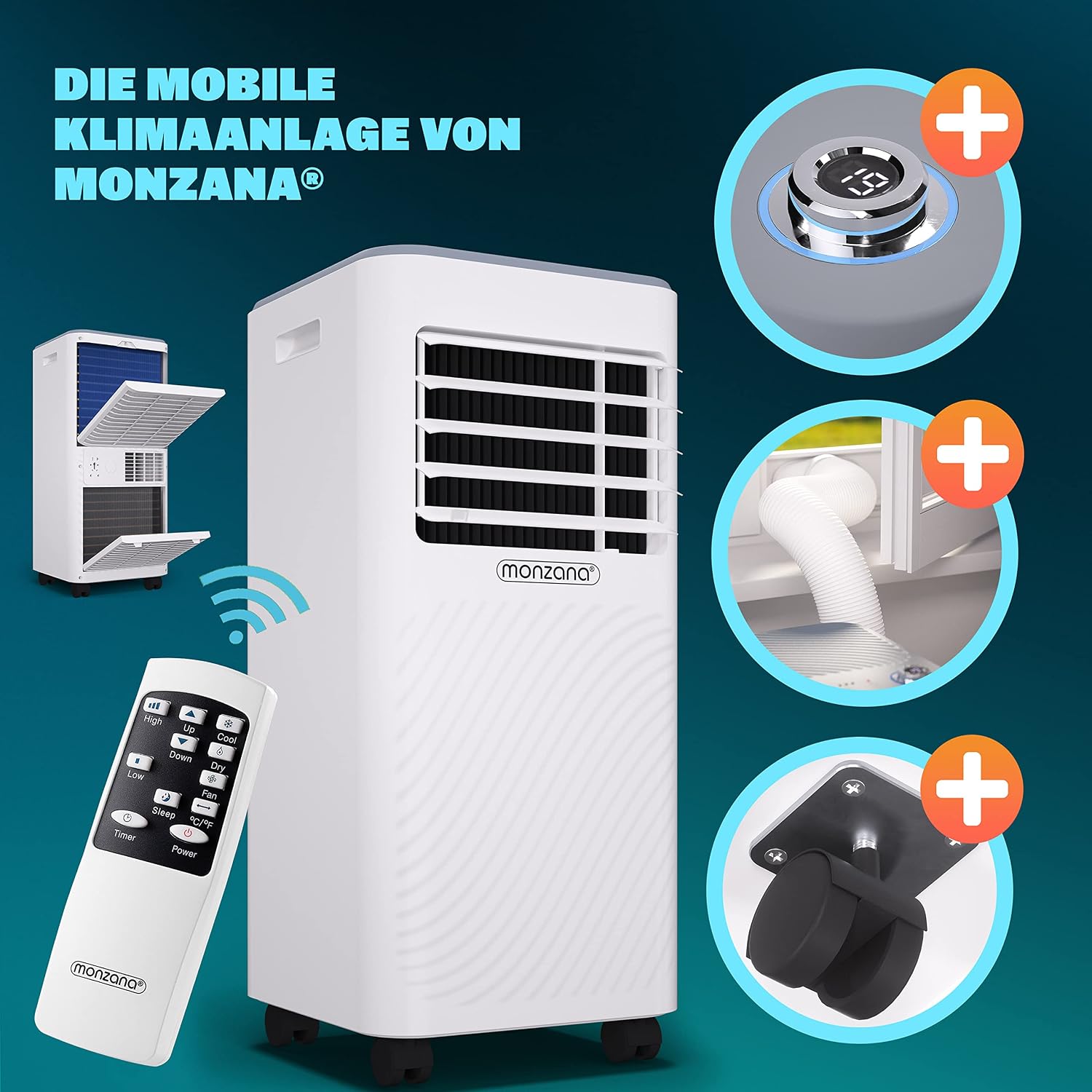 Monzana MZKA2000 portable air conditioner with its exhaust hose, casters, and control knob highlighted.