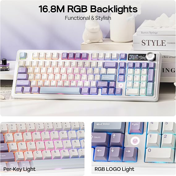 MechLands AJAZZ AK980 98% Mechanical Keyboard BT5.0/USB-C/2.4GHz Wireless Gaming Keyboard Hot-Swappable Creamy Custom Keyboard 1.14'' TFT Screen Knob RGB for Win/Mac White, Gift V2 Axis