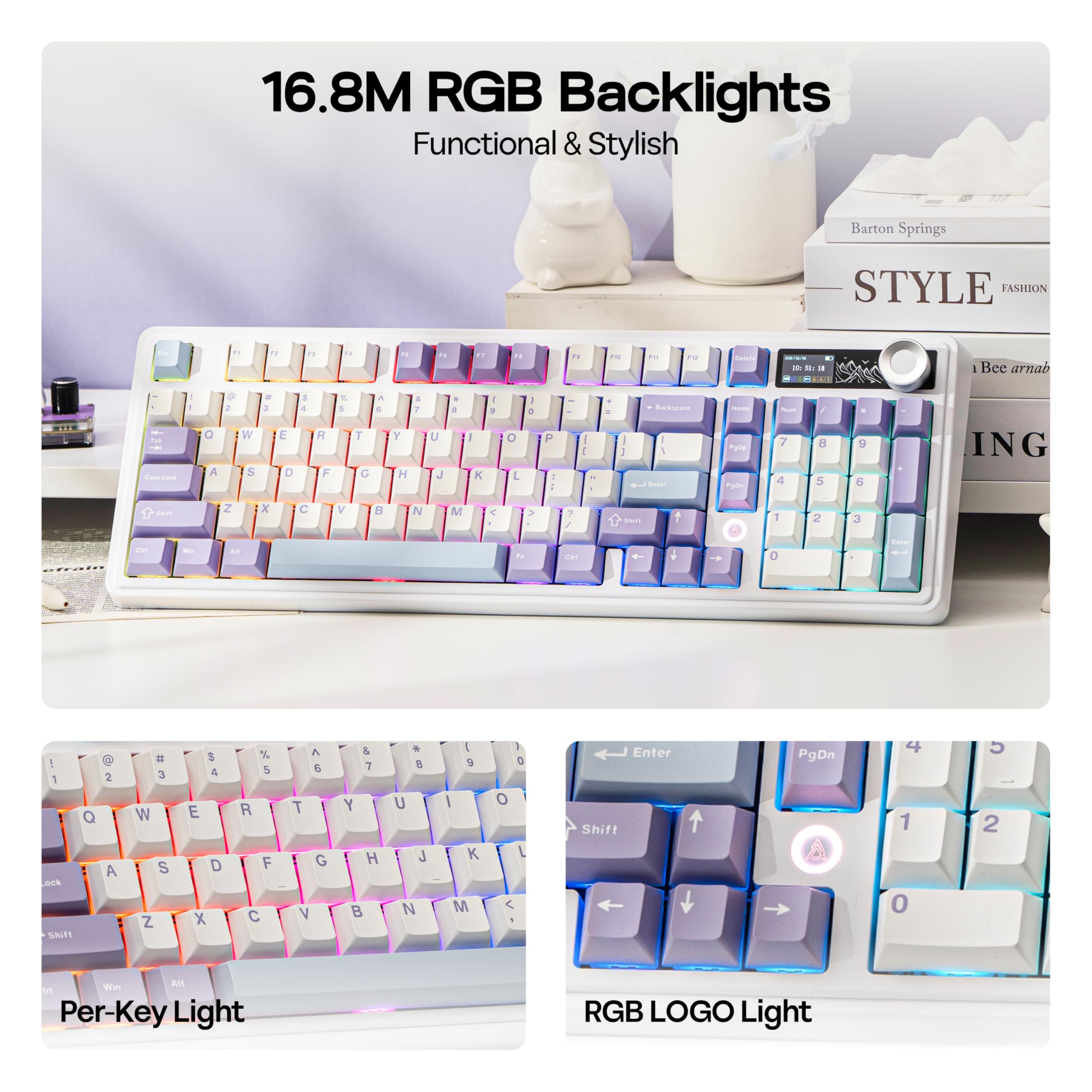 MechLands AJAZZ AK980 V2 Clavier de jeu mécanique avec écran, batterie de 10 000 mAh, clavier sans fil 98 % avec BT/USB-C/2,4 GHz, Hot-Swap, bouton RGB pour Windows/Mac (blanc)