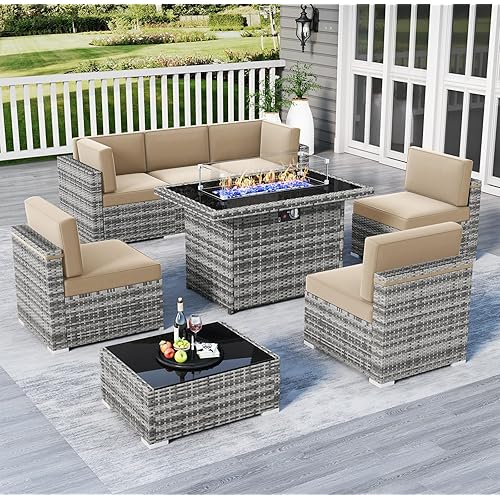 LayinSun 8 Piece Patio Furniture Set with Fire Pit Table, Outdoor Conversation Sets Wicker Rattan Sectional Sofa with Coffee Table
