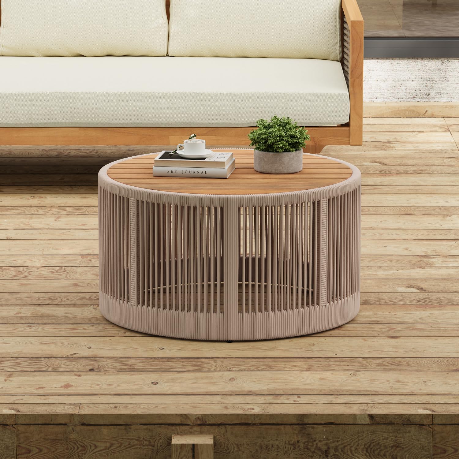 Outdoor Rattan & Acacia Wood Coffee Table - Weather Resistant for Patio, Balcony, Garden