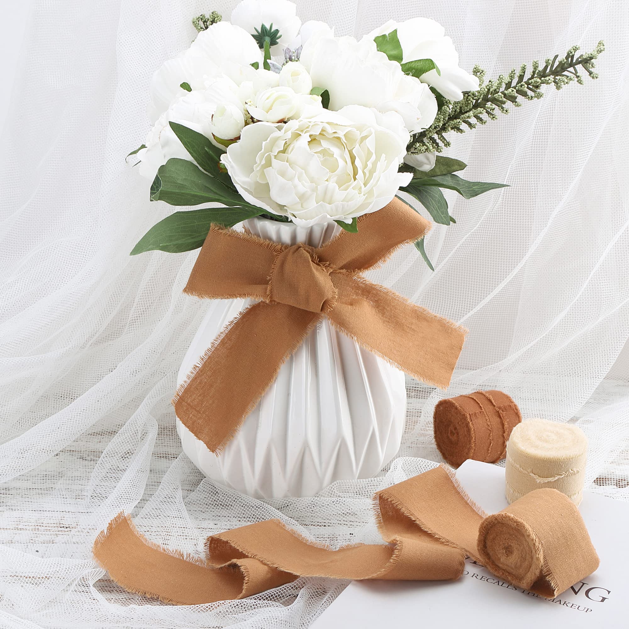 Keypan 3 rollos de cinta de algodón hecha a mano con flecos con borde deshilachado para envolver regalos de boda, ramos de decoración, manualidades, invitaciones, 1.6 pulgadas x 5 yardas
