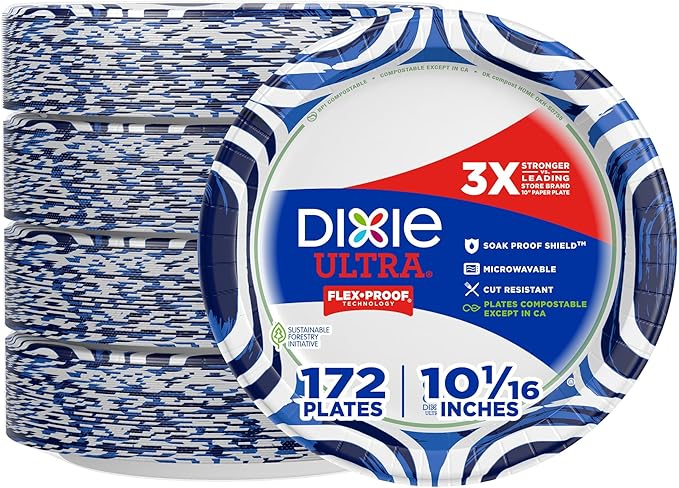 Dixie Ultra, Large Paper Plates, 10 Inch, 43 Count (Pack of 4), 3X Stronger*, Heavy Duty, Microwave-Safe, Soak-Proof, Cut Resistant, Disposable Plates For Heavy, Messy Meals