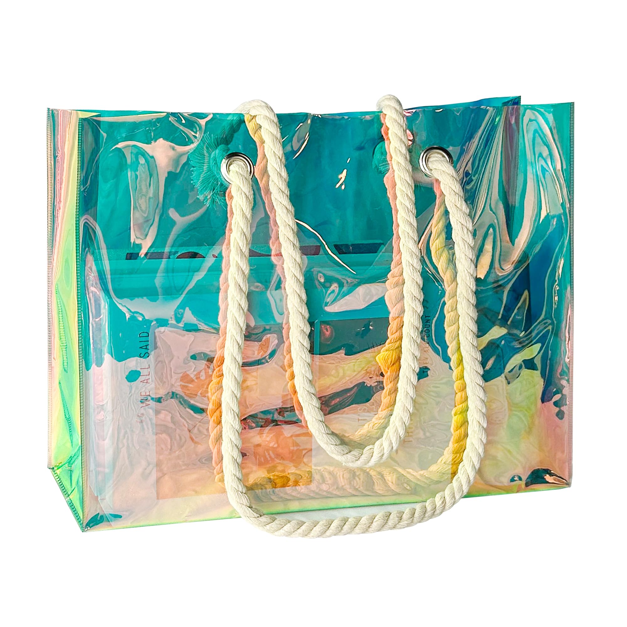TotePrint Holografische Einkaufstasche Strandtasche aus PVC – Wiederverwendbare Transparente Tragetasche mit Regenbogeneffekt, Wasserdicht Baumwollseilgriffe für Supermarkt, Strand