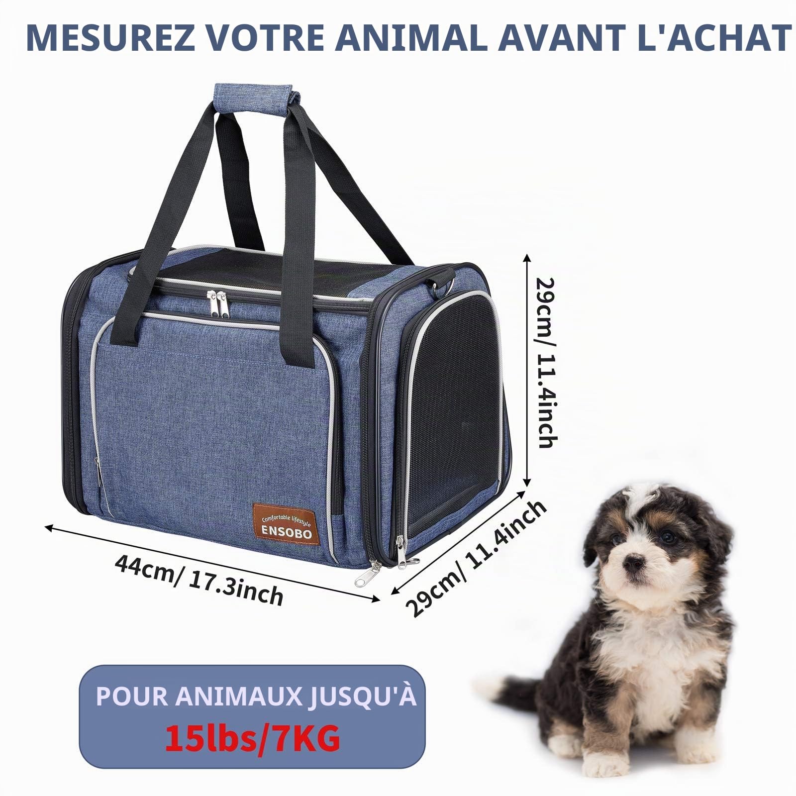 Sac Transport Chat Chien, ENSOBO Matériau Denim Résistant aux Rayures Sac de Transport pour Animal de Compagnie Avec Matelas Souple, Caisse de Transport Chat Respirant pour un Voyage Confortable