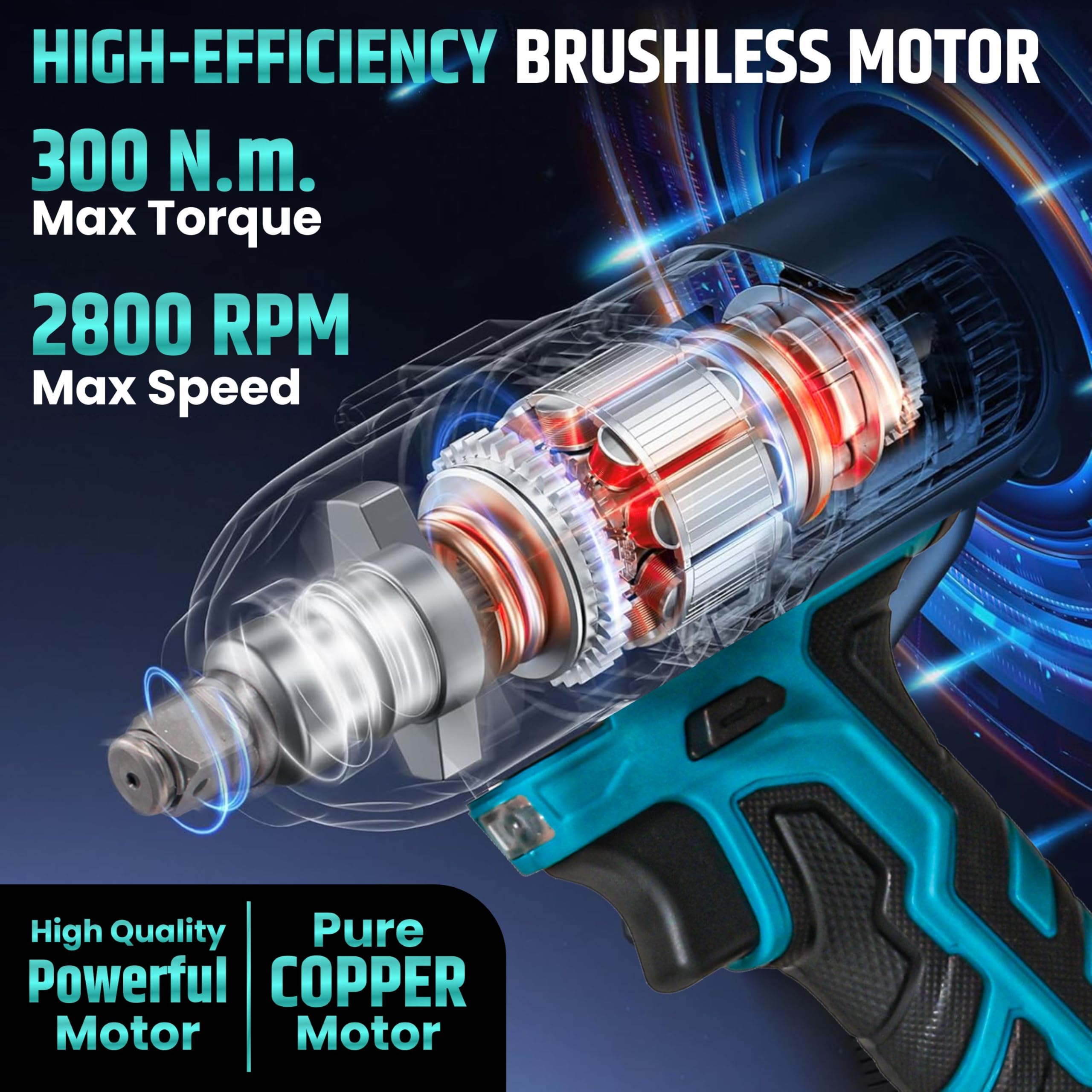 Tomahawk® TSW-5300 20V Brushless Cordless Impact Wrench Machine | 300Nm High Torque | ½” Square Drive + ¼” Hex | 2800 RPM | 3000 IPM | 2 x 3.0Ah Batteries | LED Light 1