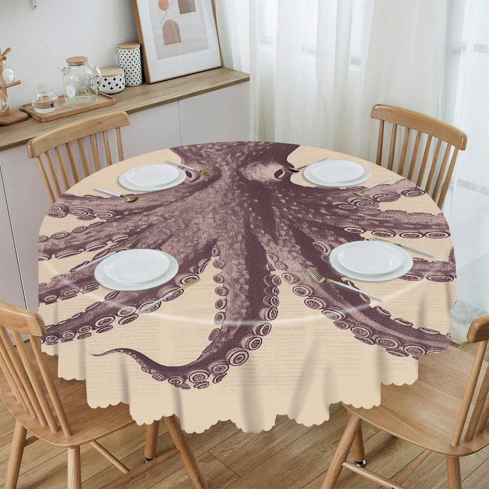 VstaDank Vintage Octopus Round Tablecloth Wipeable Round Polyester Tablecloth Waterproof Wrinkle Free Indoor and Outdoor Table Cover 60 Inch Decorative Farmhouse Table Cloth for Dining