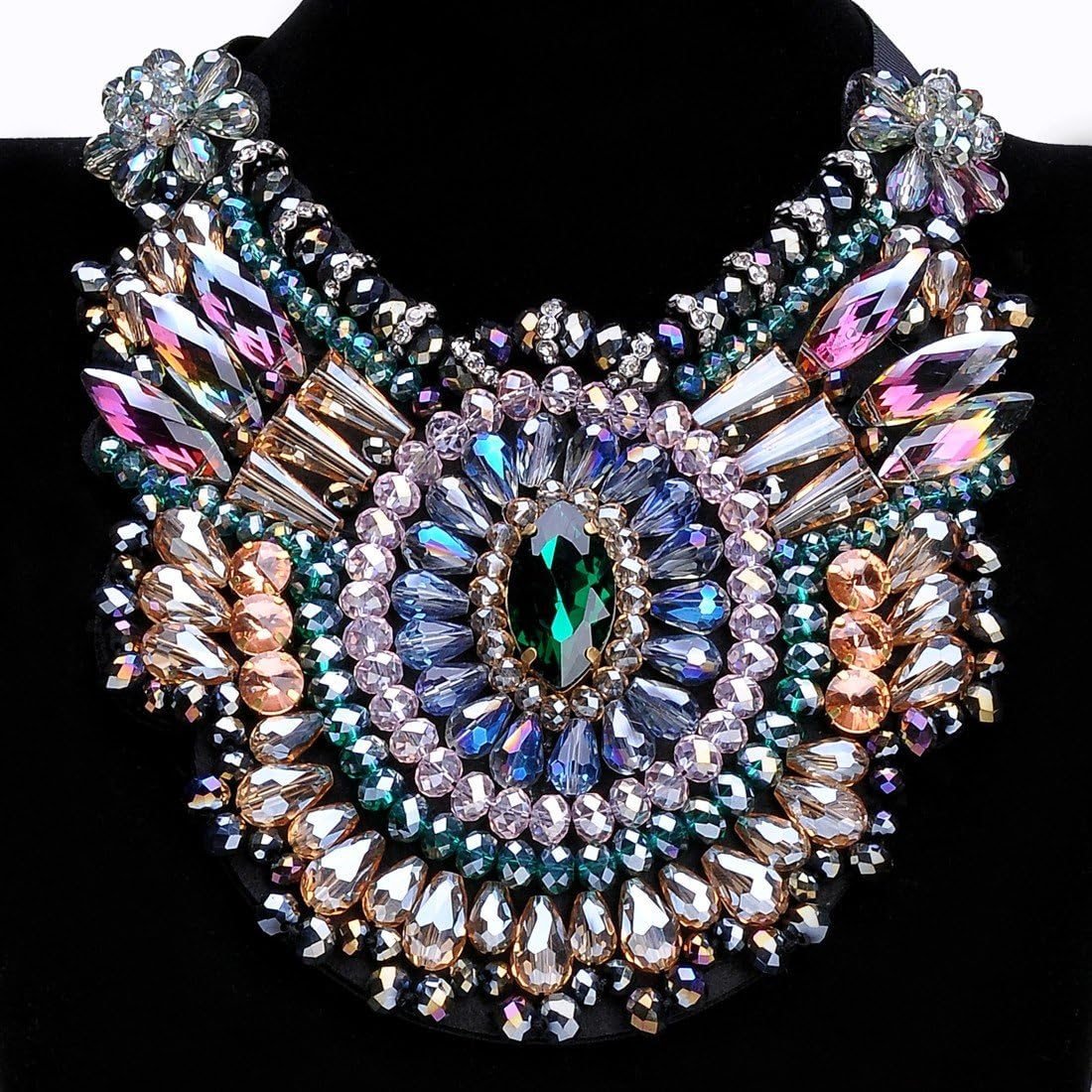 Jerollin Vintage Exaggerated Chunky Collar Bib Rhinestone Pendant Necklace