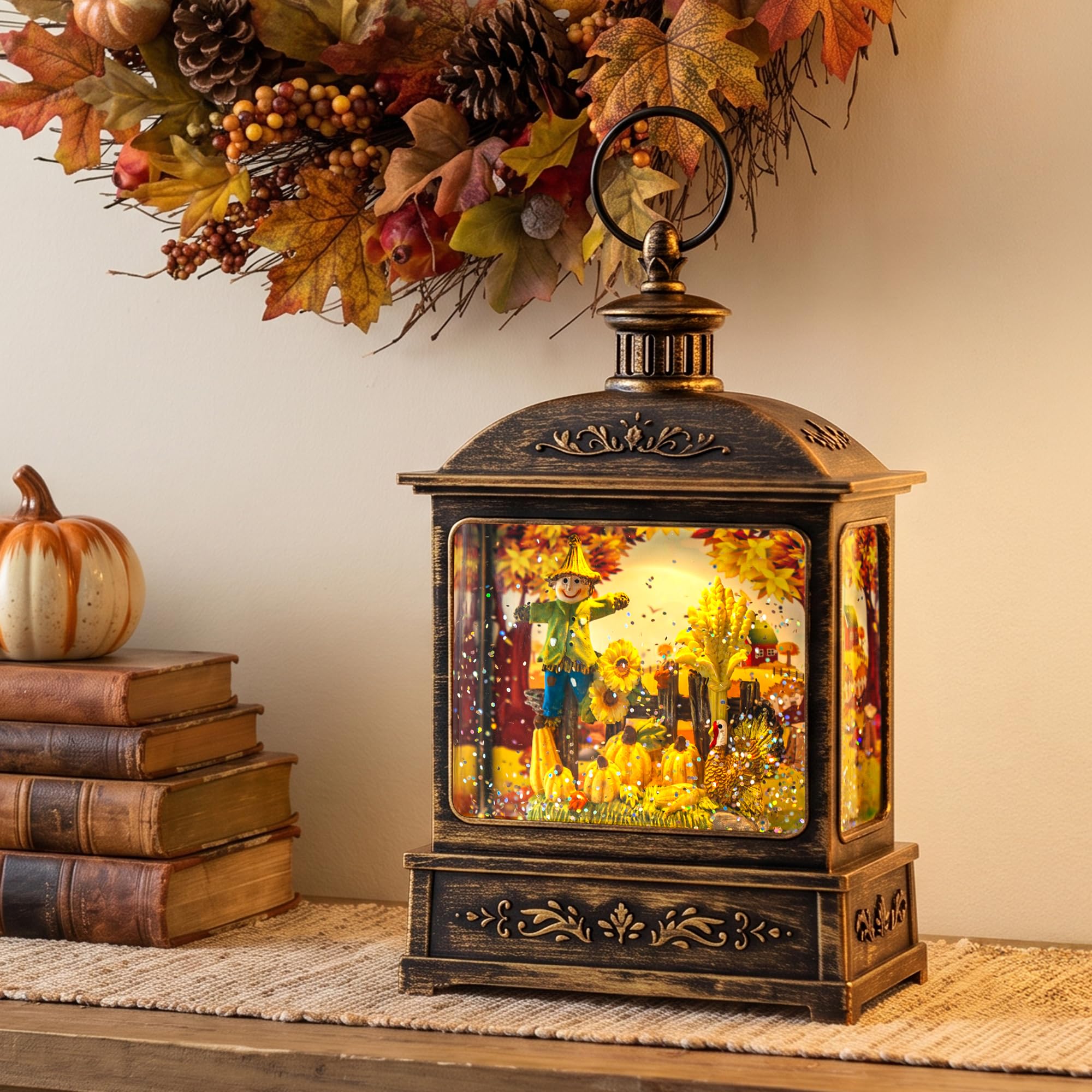 Fall Snow Globe Lantern - Scarecrow and Turkey Lighted Water Lantern with Swirling Glitter Fall Decorations for Home, Thanksgiving, Autumn Harvest Fall Decor