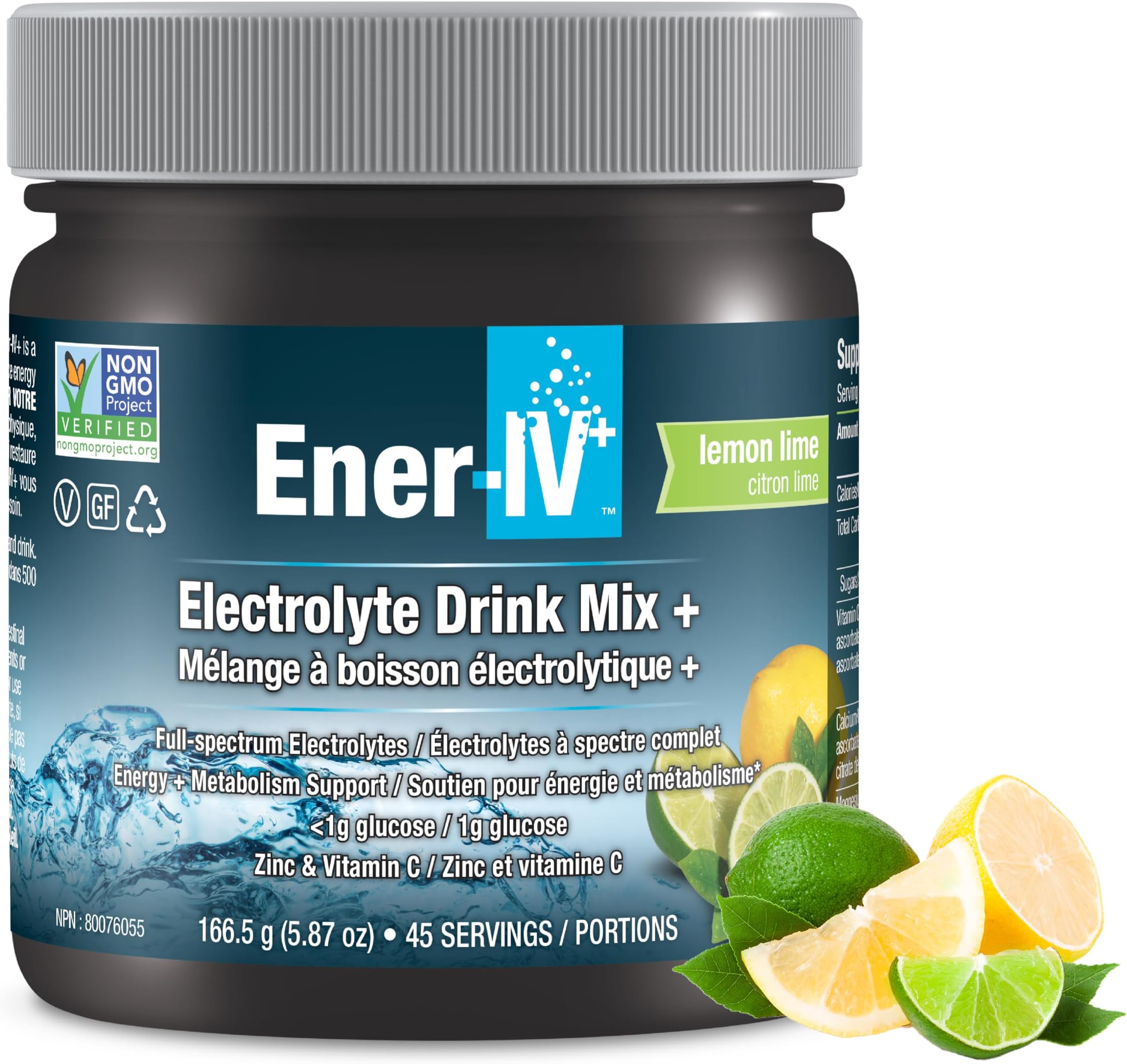 Ener-IV Electrolyte Drink Mix - Electrolytes Powder, Hydration Powder Drink, Hydrate Liquid Mix, Low Sugar Rehydration for Women & Men, Natural Flavors, Non GMO - Lemon Lime, 45 Servings