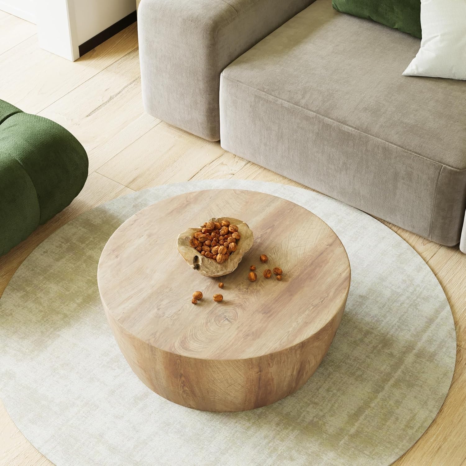 29.5" Round Wooden Coffee Table, Drum Coffee Table for Living Room, Farmhouse Wood Circle Center Table Cocktail Tables Living Room Tables for Apartment Home Office, No Assembly