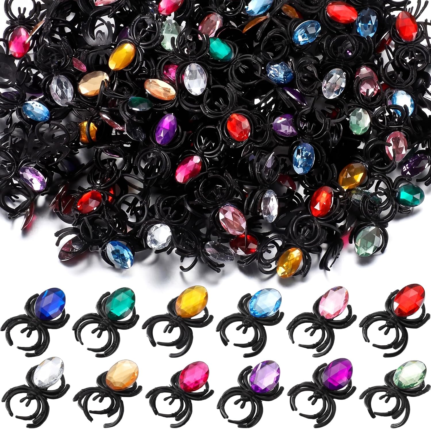 240 Pcs Halloween Spider Rings with Gems Black Diamond Spider Ring Plastic Halloween Decoration for Creepy Crawly Party Favors Treats Cupcake Toppers