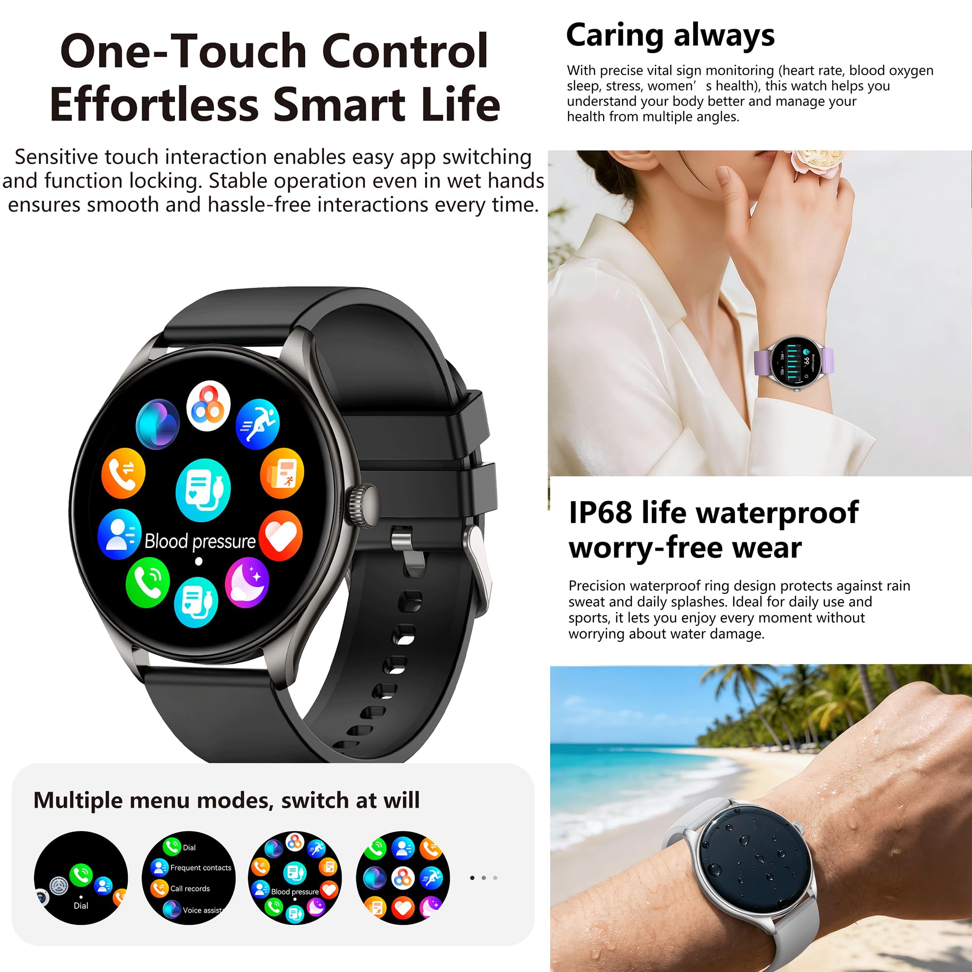 Montre Connectée Femme and Montre Homme avec Appels Bluetooth, Smartwatch Diamond avec 100+ Modes Sportifs/Fonction Féminine/Lecteur de Musique/Fréquence Cardiaque/Sommeil/ pour Android iOS (Argenté)