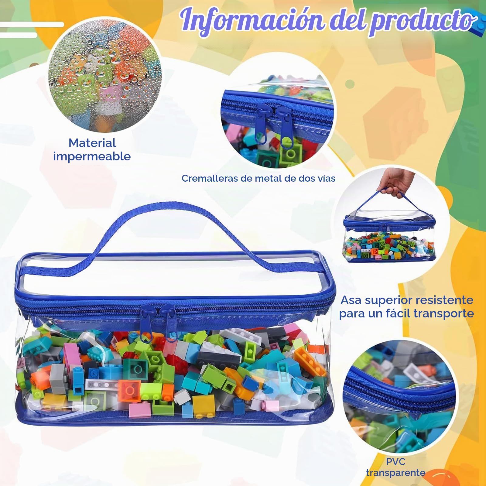 Pack de 6 Bolsas de Almacenamiento de PVC para Juguetes, 23x17x11 cm, Impermeables con Asa y Cremallera Doble, Caja Organizadora Transparente para Bloques y Puzzles