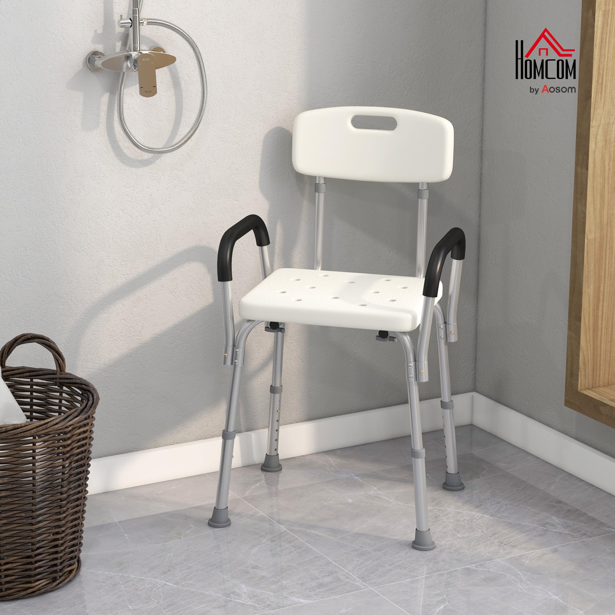 HOMCOM Sedia Doccia con Schienale, Braccioli, Altezza Regolabile, Sgabello Doccia con Piedini Antiscivolo, Montaggio Senza Attrezzi, Sedile per Anziani e Disabili, Interno, Bianco
